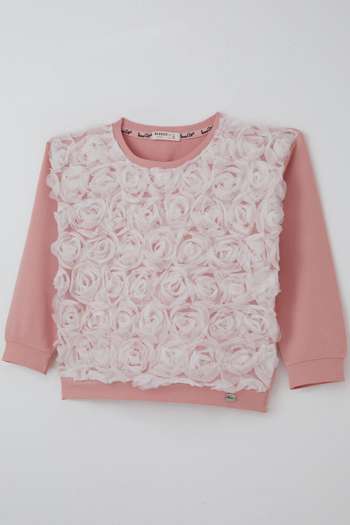 Breeze Kız Çocuk Uzun Kollu Tişört Organze Kabartmalı Gül Detaylı Gülkurusu (6-12 Yaş)