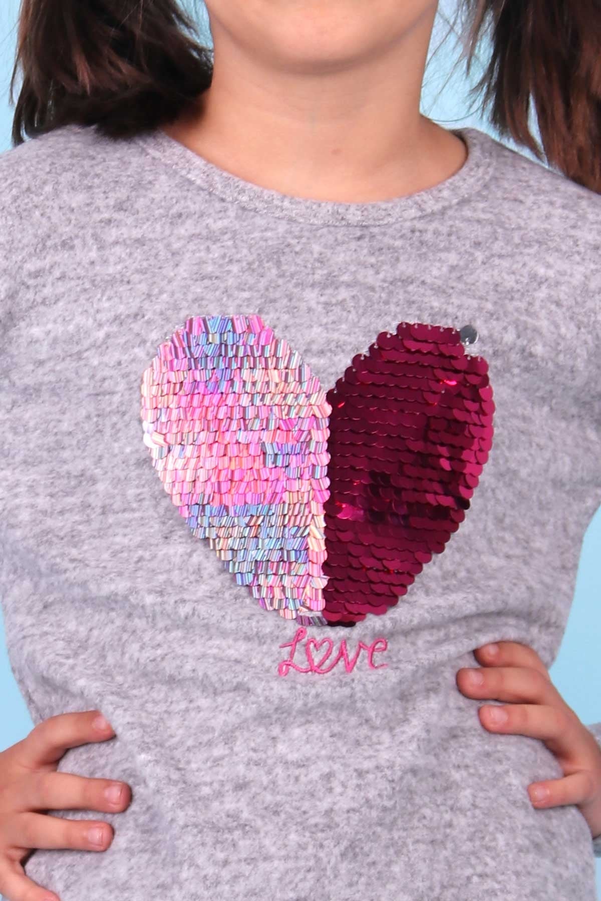 Breeze Kız Çocuk Uzun Kollu Tişört Polar Pullu Nakışlı Gri (8-12 Yaş)