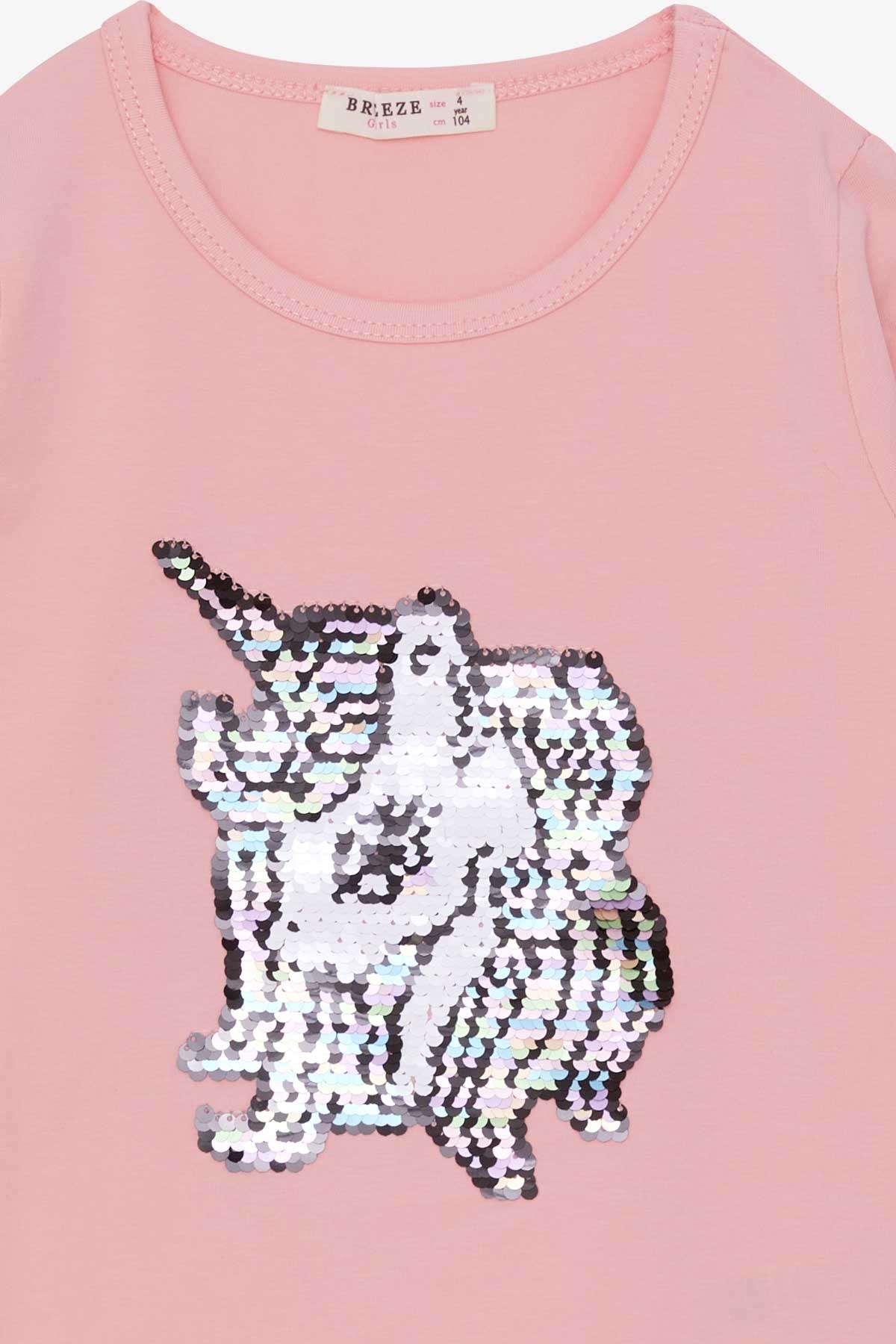 Breeze Kız Çocuk Uzun Kollu Tişört Pullu Unicorn Pudra (4-8 Yaş)