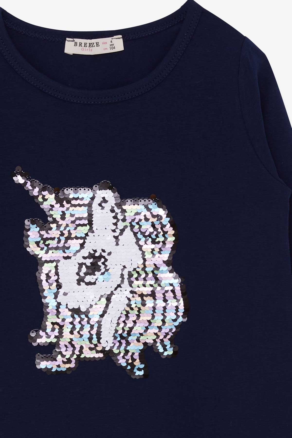 Breeze Kız Çocuk Uzun Kollu Tişört Pullu Unicorn Lacivert (4-8 Yaş)