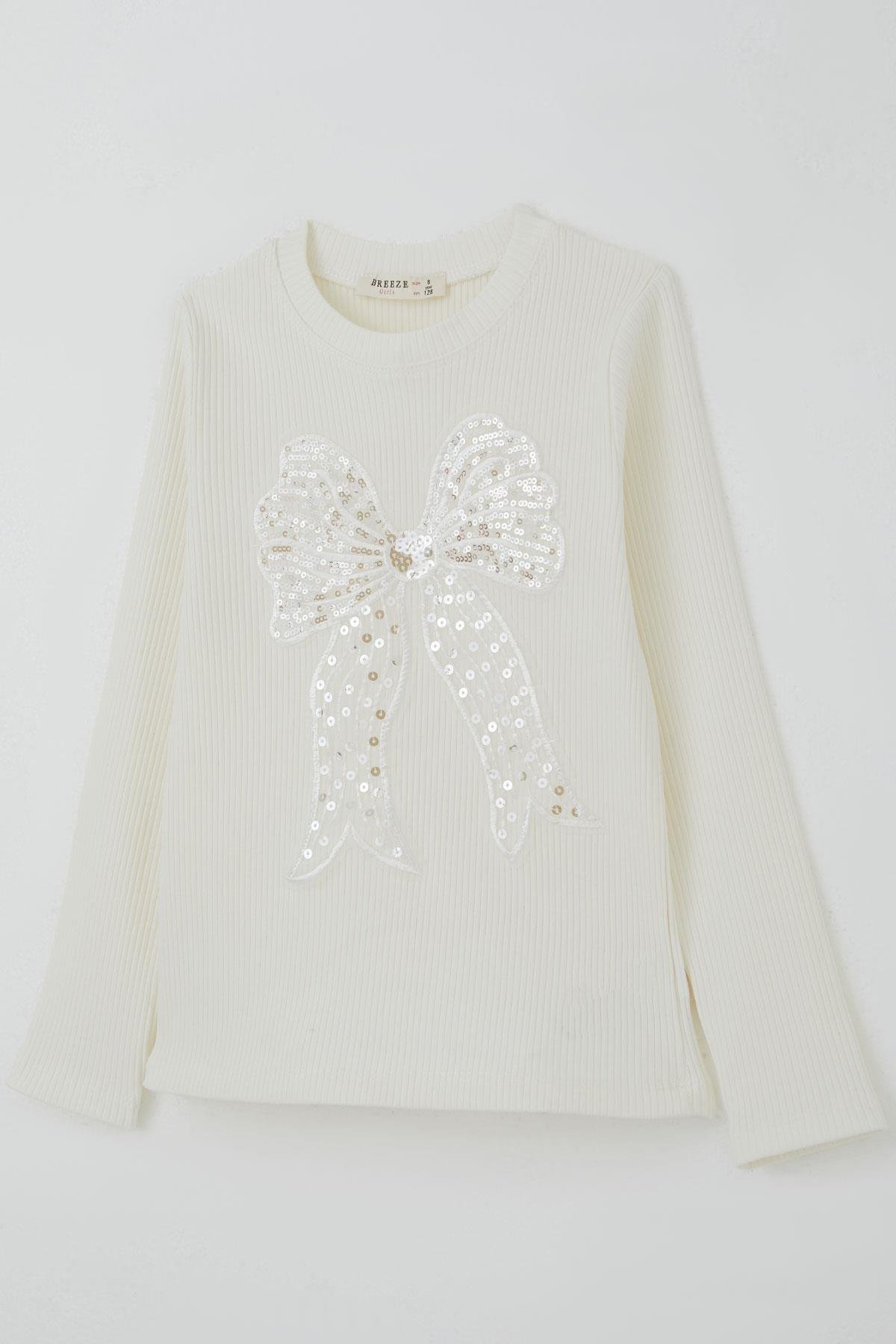 Breeze Kız Çocuk Uzun Kollu Tişört Pullu Fiyonk Armalı Ekru (8-12 Yaş)