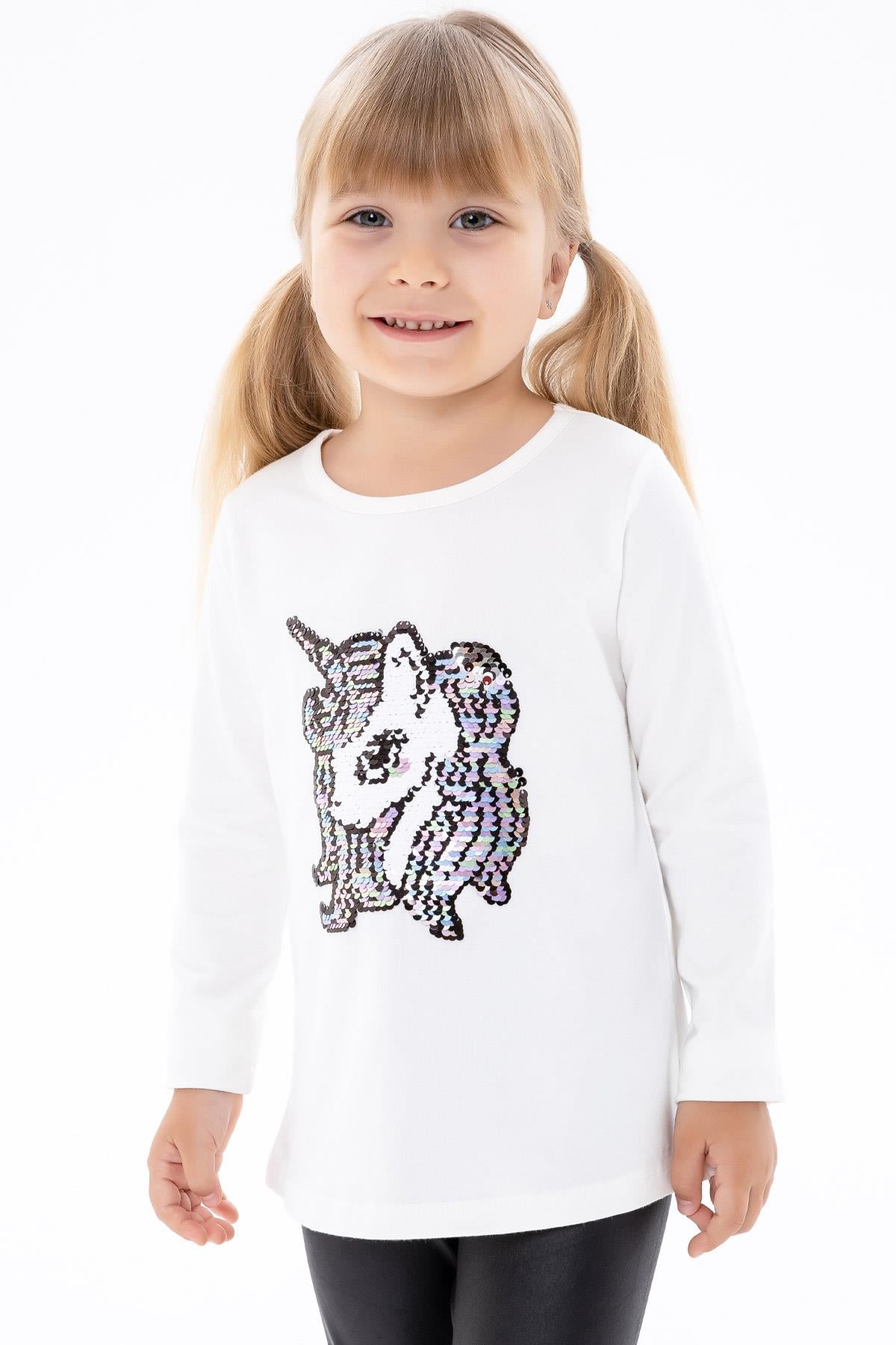 Breeze Kız Çocuk Uzun Kollu Tişört Pullu Unicorn Ekru (4-8 Yaş)