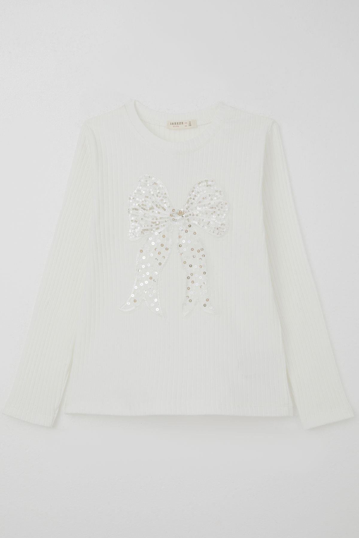 Breeze Kız Çocuk Uzun Kollu Tişört Tül Fiyonk Armalı Pullu Ekru (9-14 Yaş)