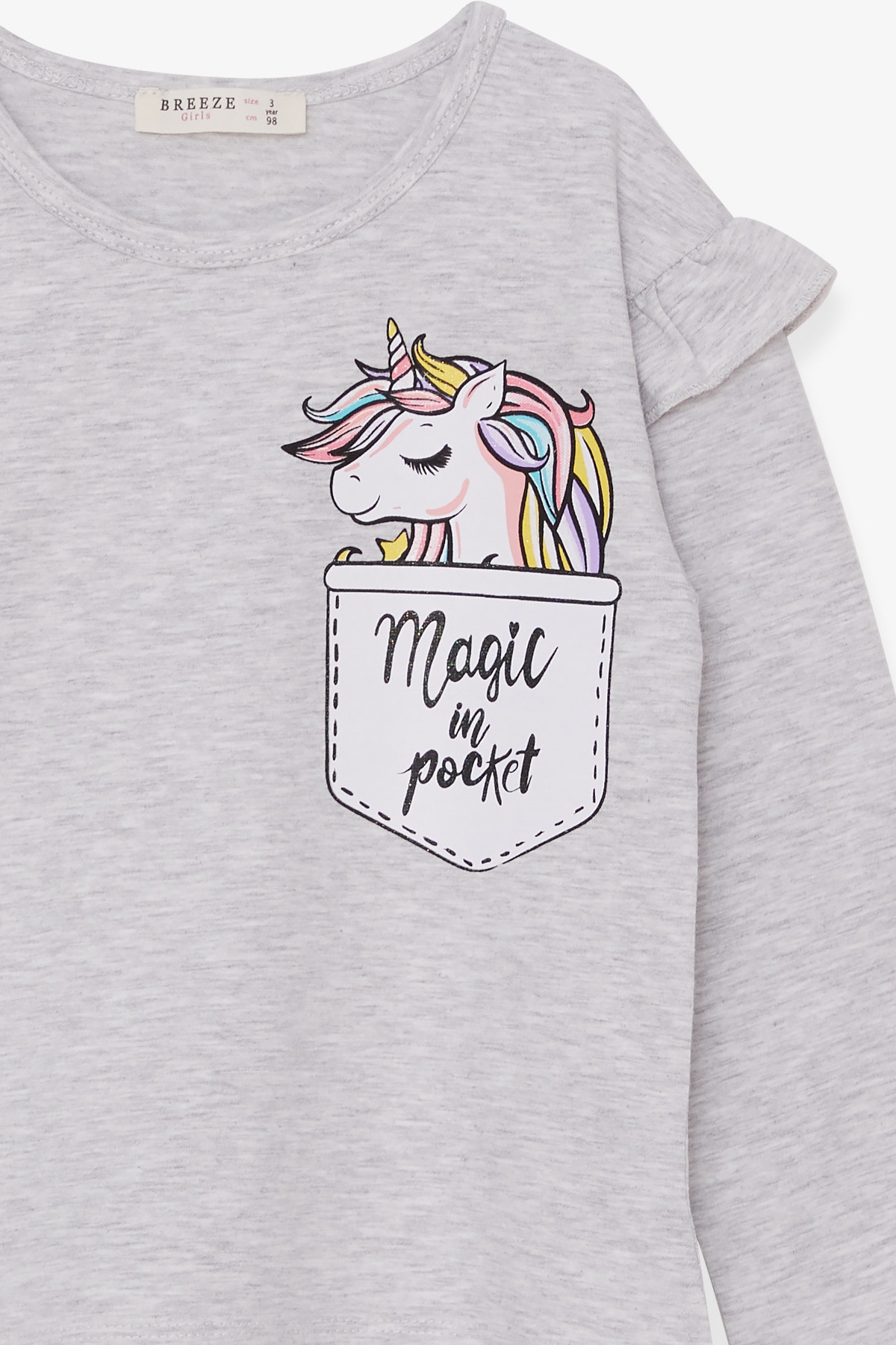 Breeze Kız Çocuk Uzun Kollu Tişört Unicorn Baskılı Fırfırlı Açık Gri Melanj (3-8 Yaş)