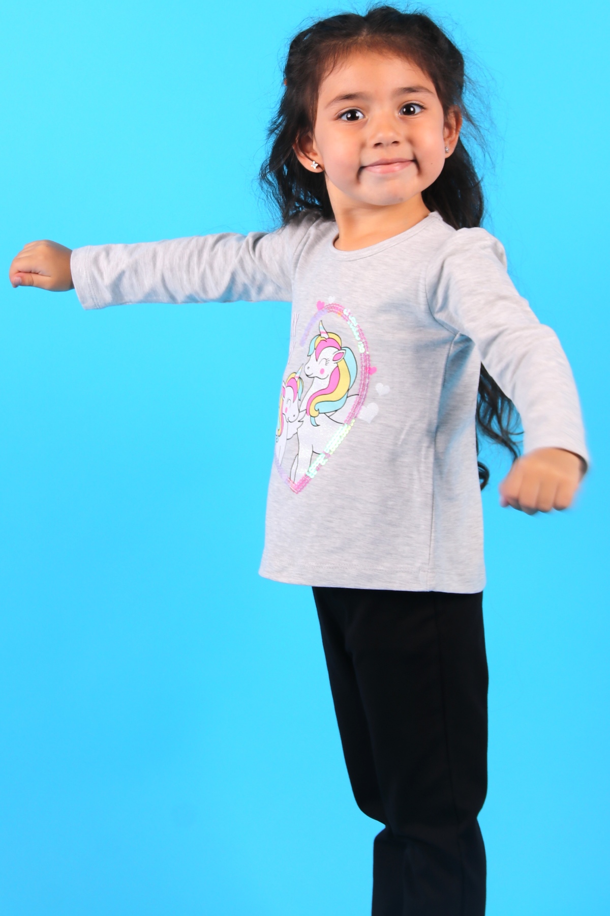 Breeze Kız Çocuk Uzun Kollu Tişört Unicorn Baskılı Pullu Açık Gri (2-6 Yaş)