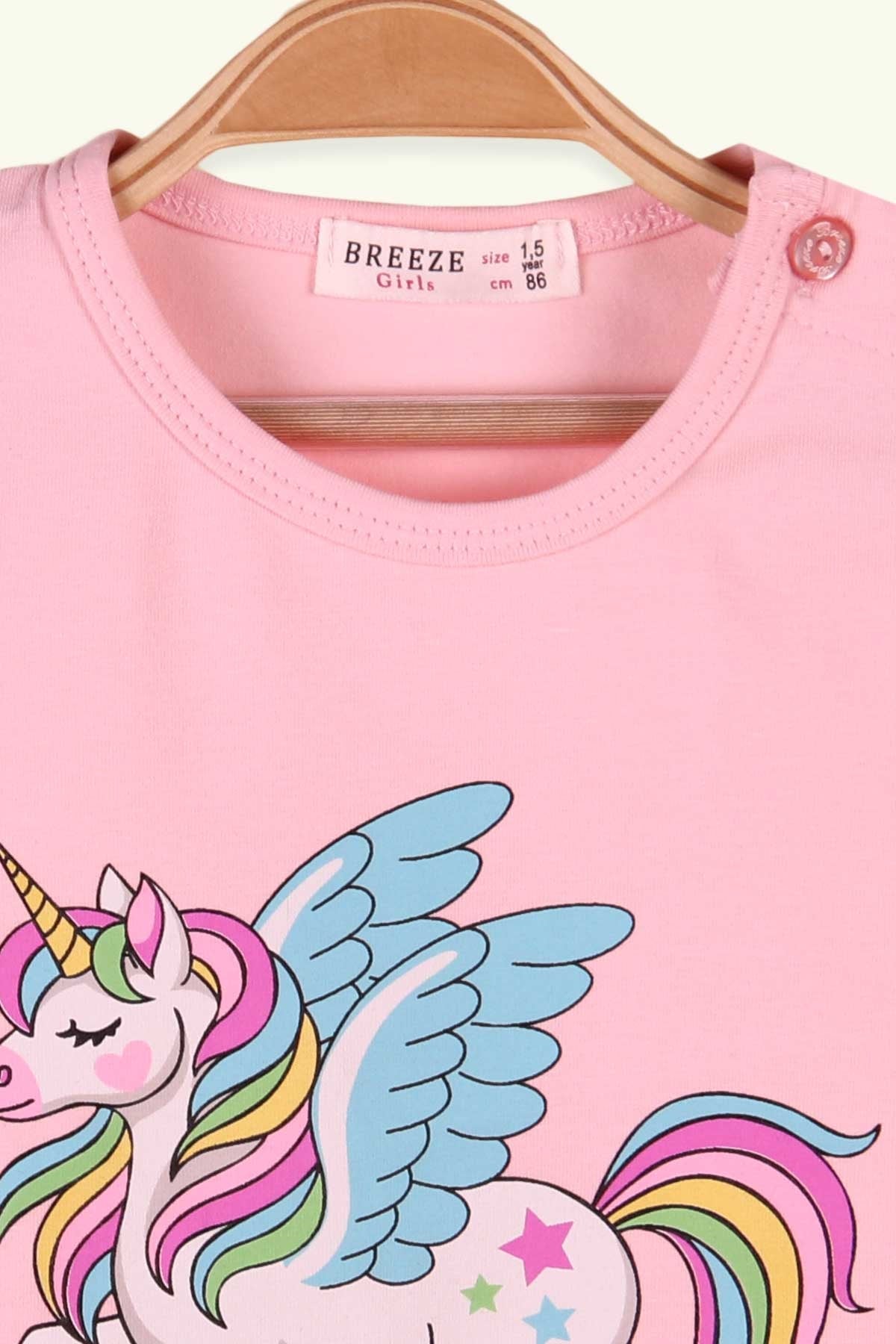 Breeze Kız Çocuk Uzun Kollu Tişört Unicorn Baskılı Pudra (1.5-5 Yaş)