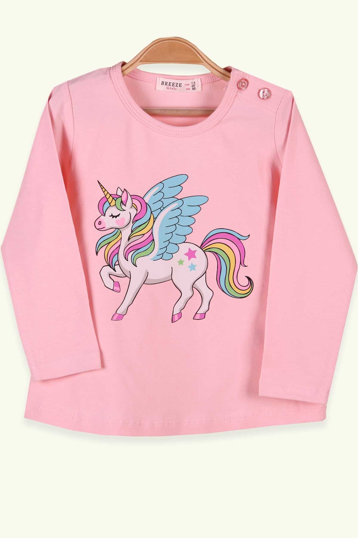 Breeze Kız Çocuk Uzun Kollu Tişört Unicorn Baskılı Pudra (1.5-5 Yaş)