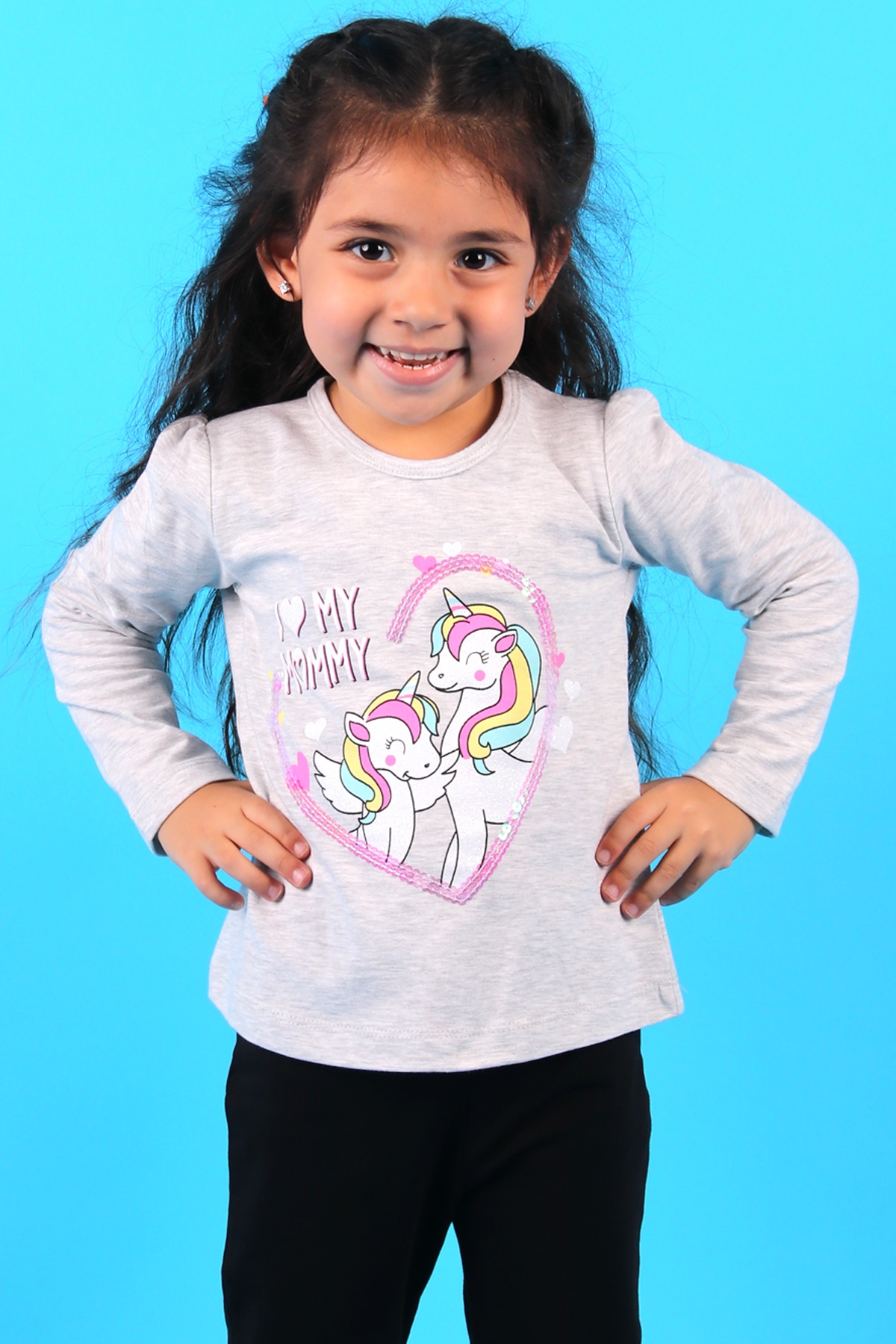 Breeze Kız Çocuk Uzun Kollu Tişört Unicorn Baskılı Pullu Açık Gri (2-6 Yaş)
