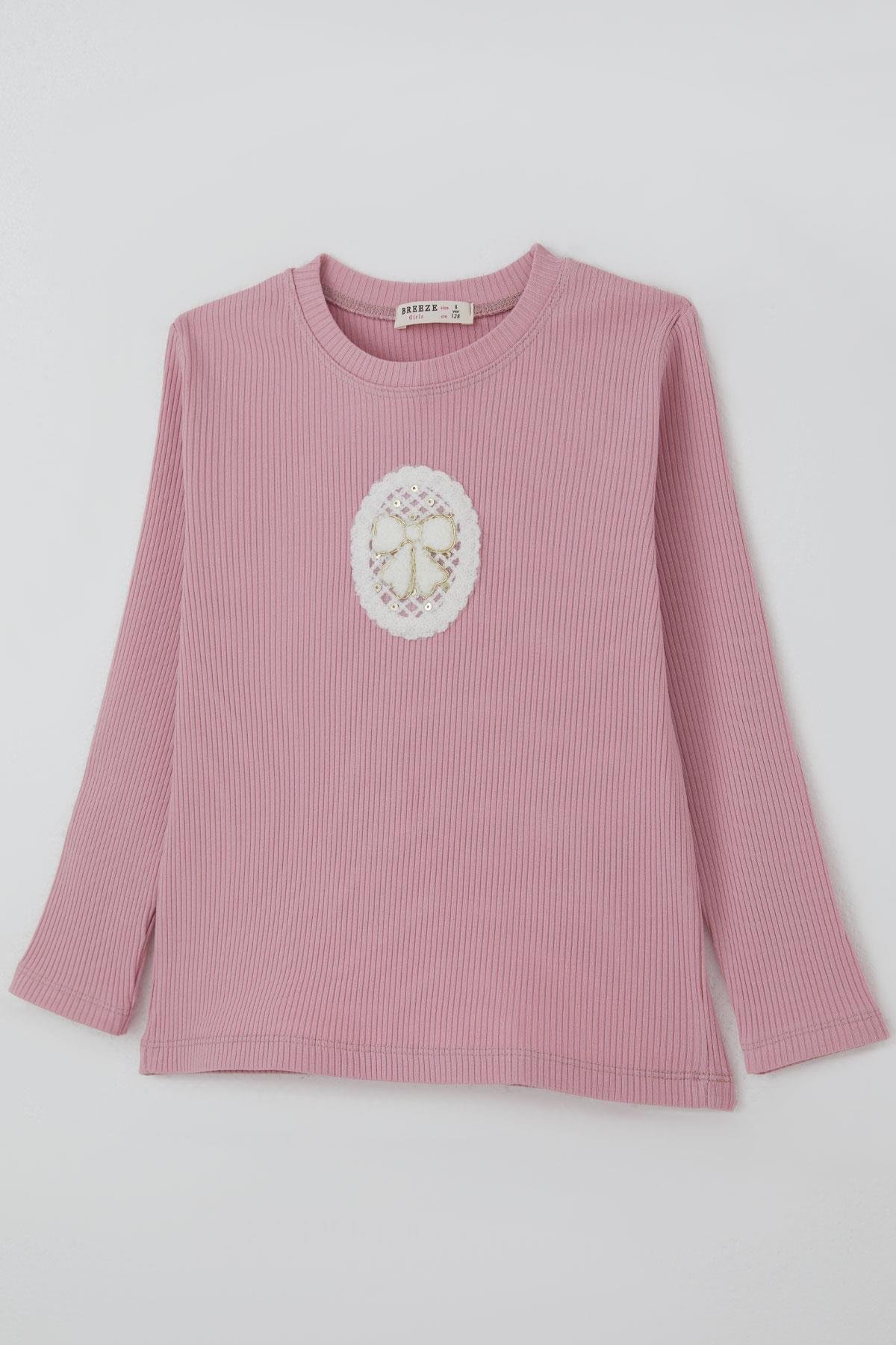 Breeze Kız Çocuk Uzun Kollu Tişört Vintage Dantel Fiyonk Aplikeli Gülkurusu (5-10 Yaş)