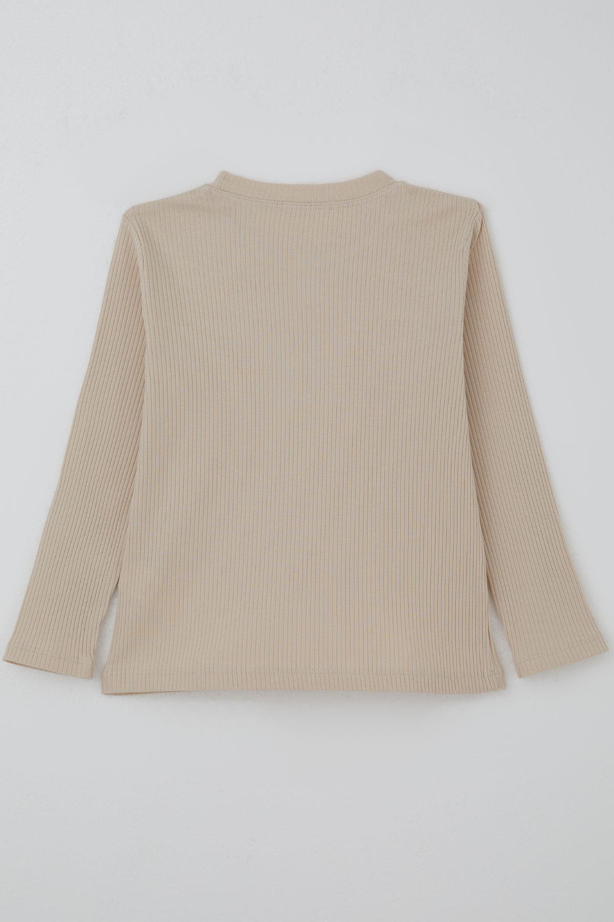 Breeze Kız Çocuk Uzun Kollu Tişört Vintage Dantel Fiyonk Aplikeli Bej (5-10 Yaş)