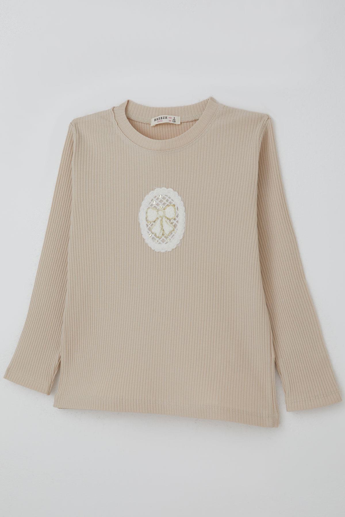 Breeze Kız Çocuk Uzun Kollu Tişört Vintage Dantel Fiyonk Aplikeli Bej (5-10 Yaş)