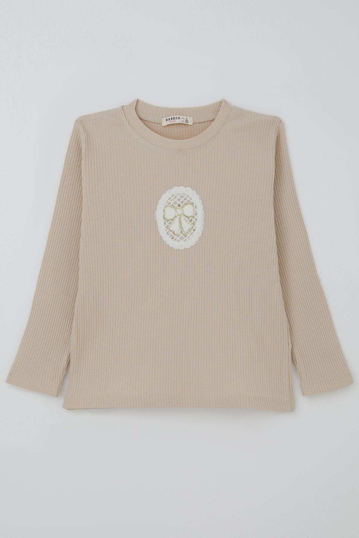 Breeze Kız Çocuk Uzun Kollu Tişört Vintage Dantel Fiyonk Aplikeli Bej (5-10 Yaş)