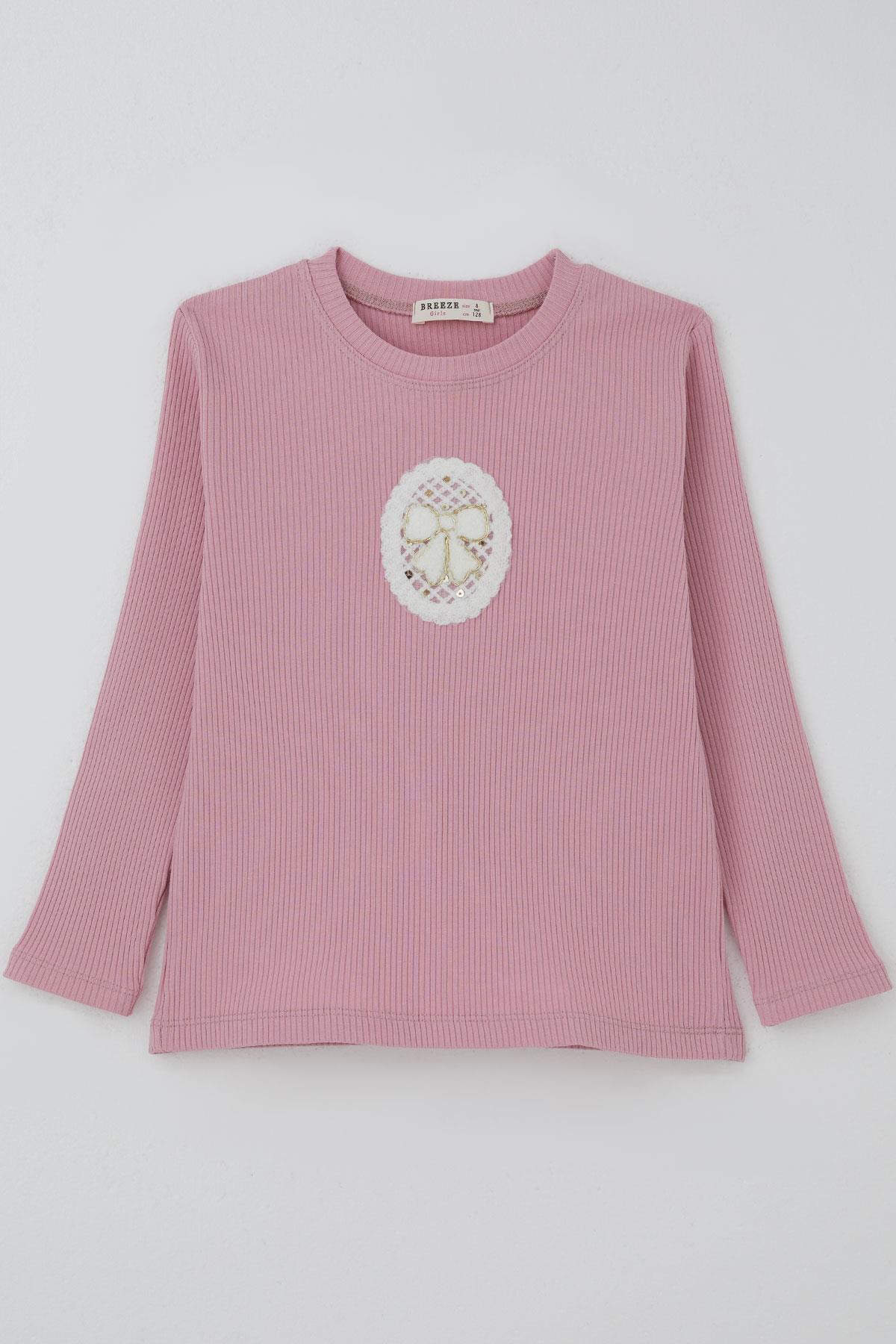 Breeze Kız Çocuk Uzun Kollu Tişört Vintage Dantel Fiyonk Aplikeli Gülkurusu (5-10 Yaş)