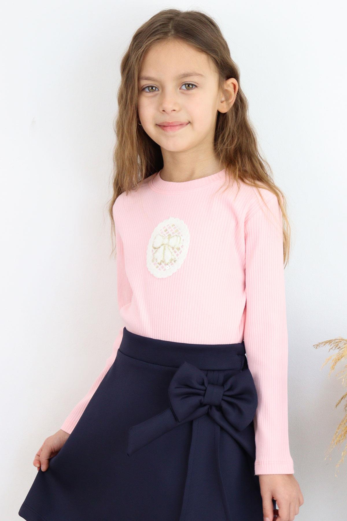 Breeze Kız Çocuk Uzun Kollu Tişört Vintage Dantel Fiyonk Aplikeli Pembe (5-9 Yaş)