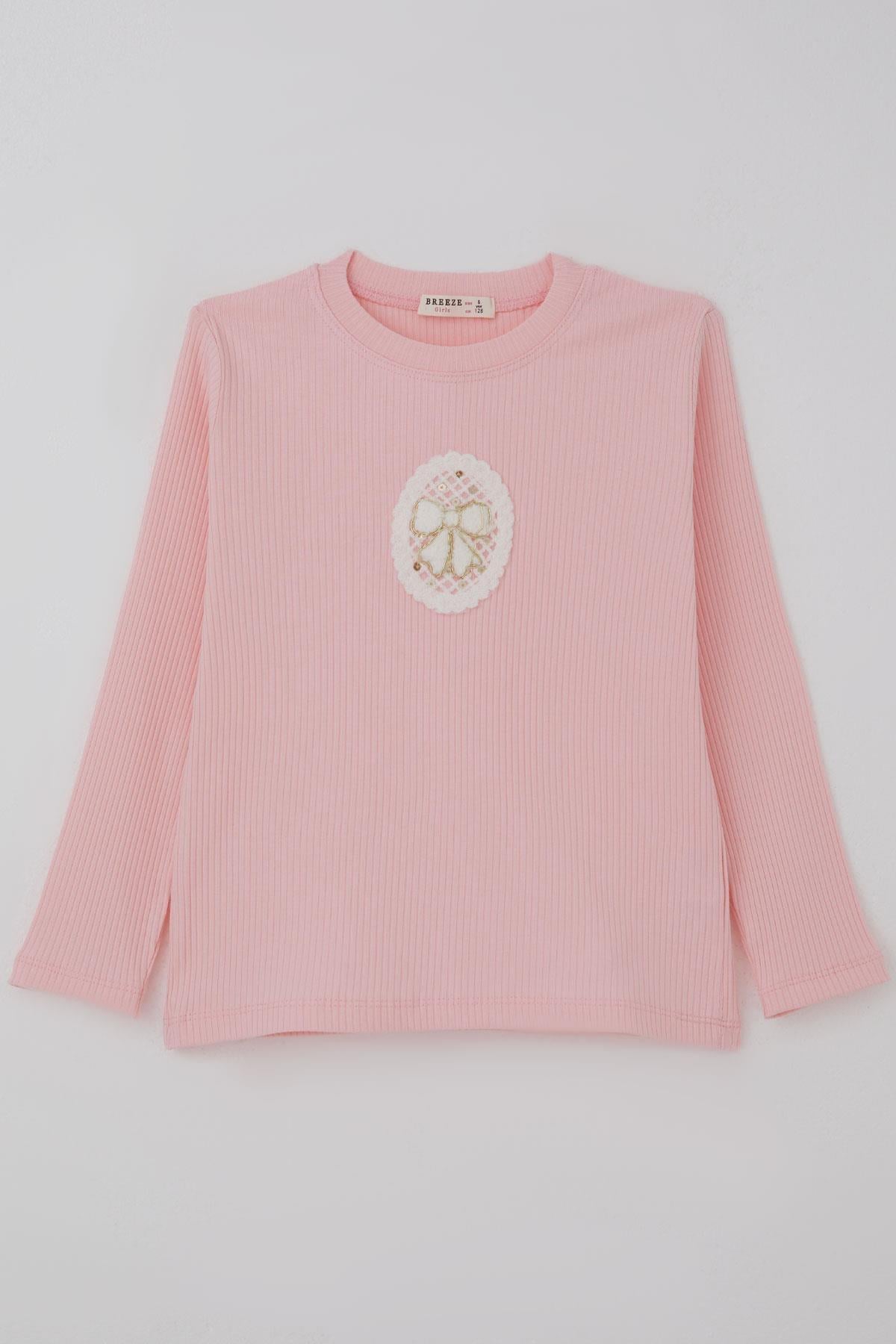 Breeze Kız Çocuk Uzun Kollu Tişört Vintage Dantel Fiyonk Aplikeli Pembe (5-9 Yaş)