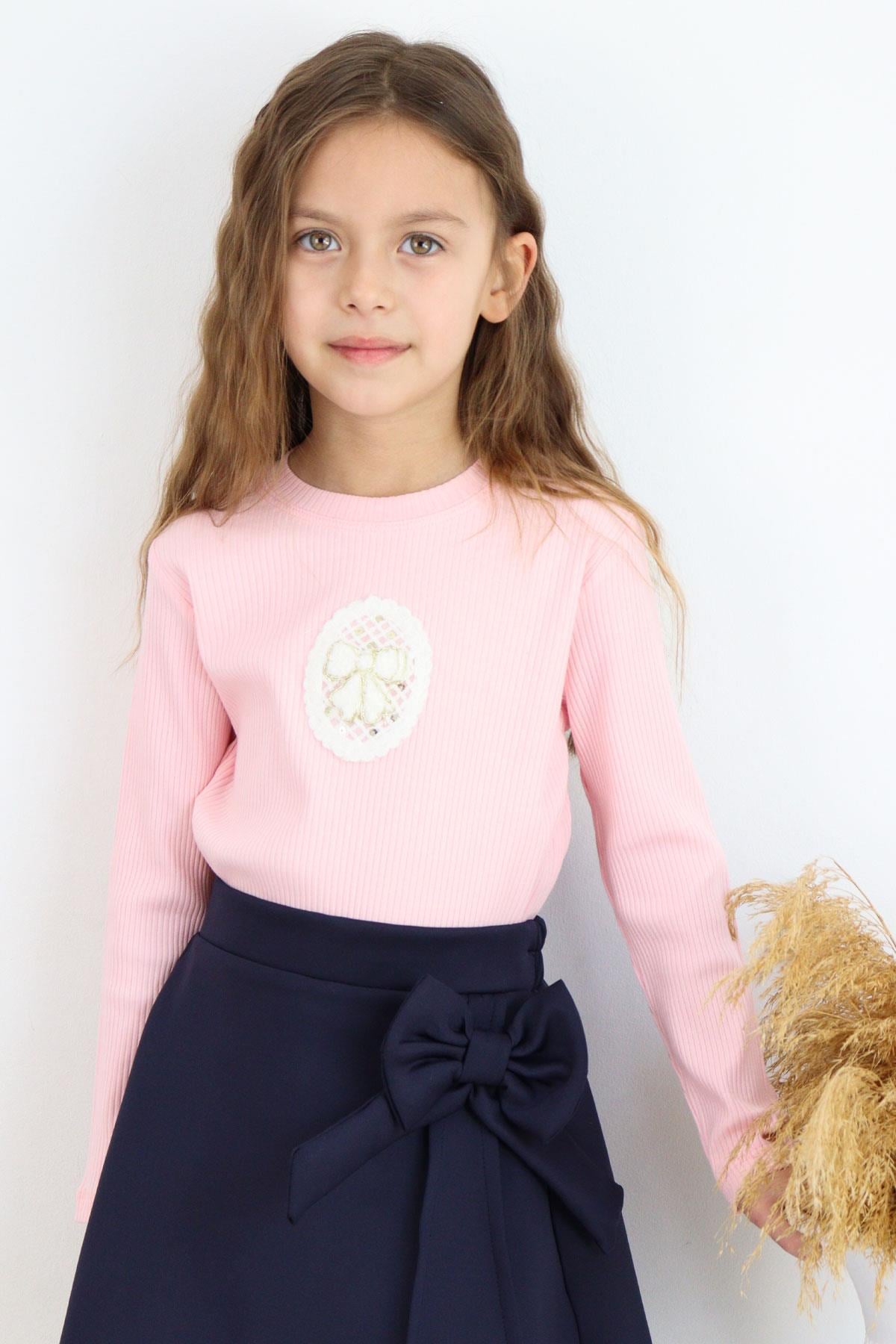 Breeze Kız Çocuk Uzun Kollu Tişört Vintage Dantel Fiyonk Aplikeli Pembe (5-9 Yaş)