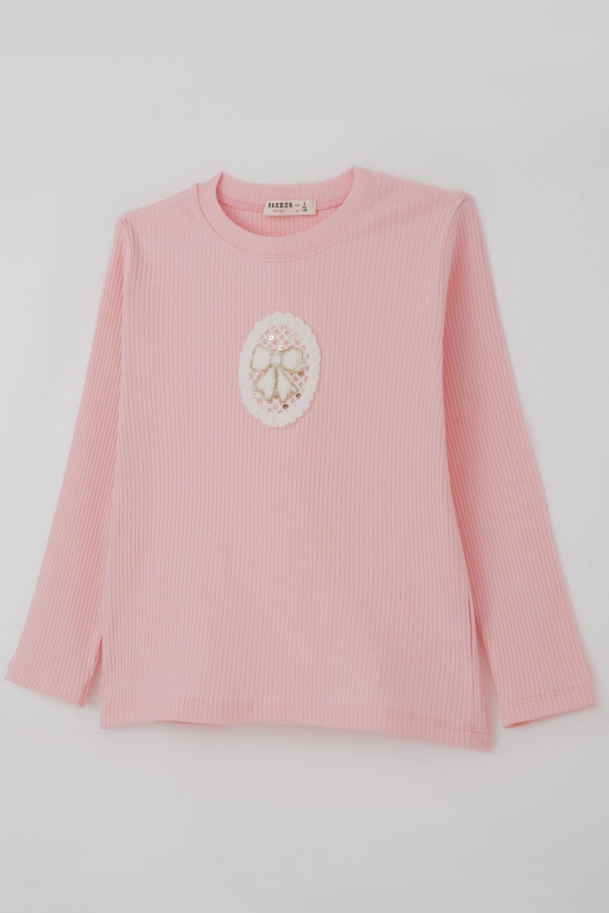 Breeze Kız Çocuk Uzun Kollu Tişört Vintage Dantel Fiyonk Aplikeli Pembe (5-9 Yaş)