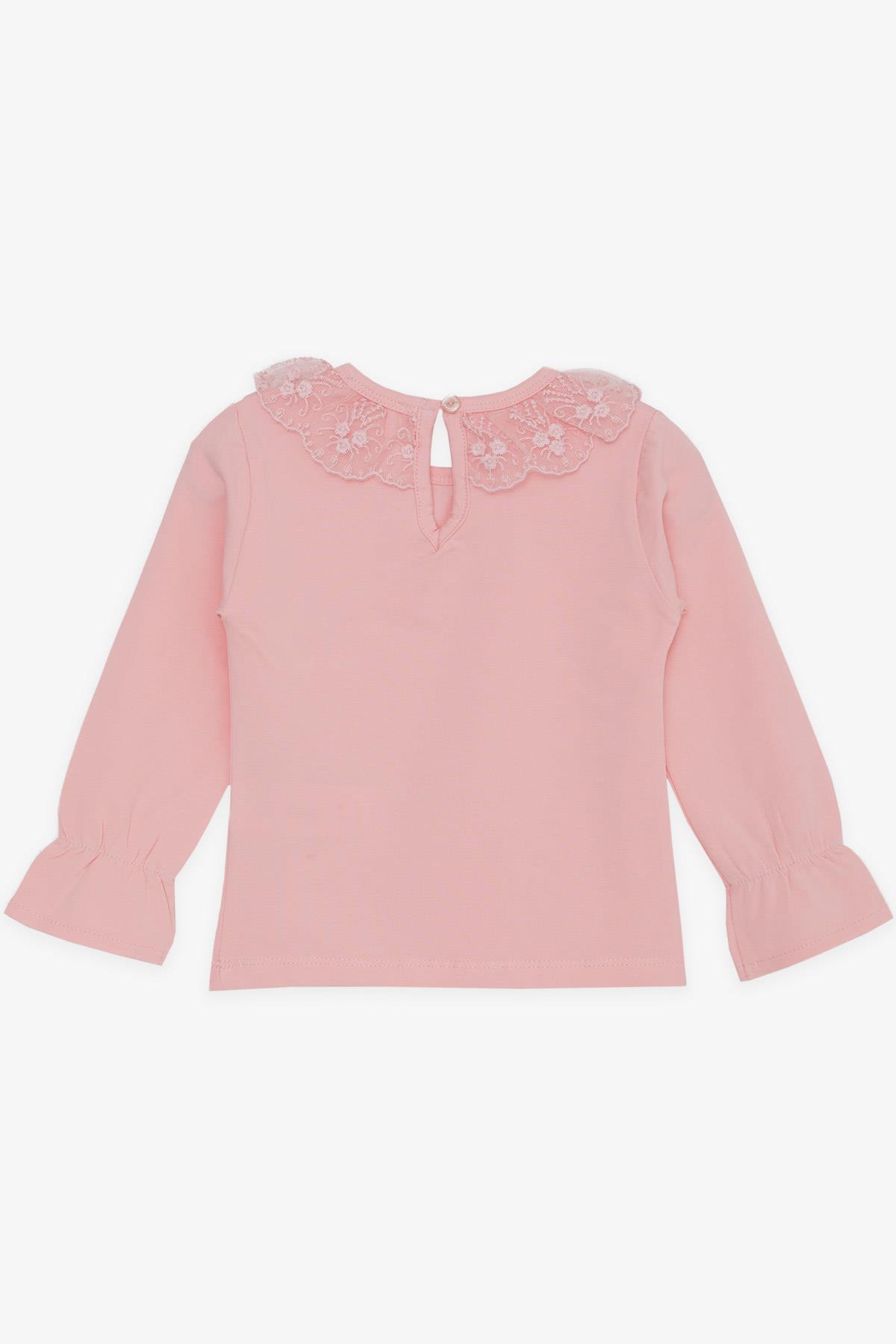 Breeze Kız Çocuk Uzun Kollu Tişört Yakası Güpürlü Nakışlı Kolları Lastikli Pembe (1-4 Yaş)