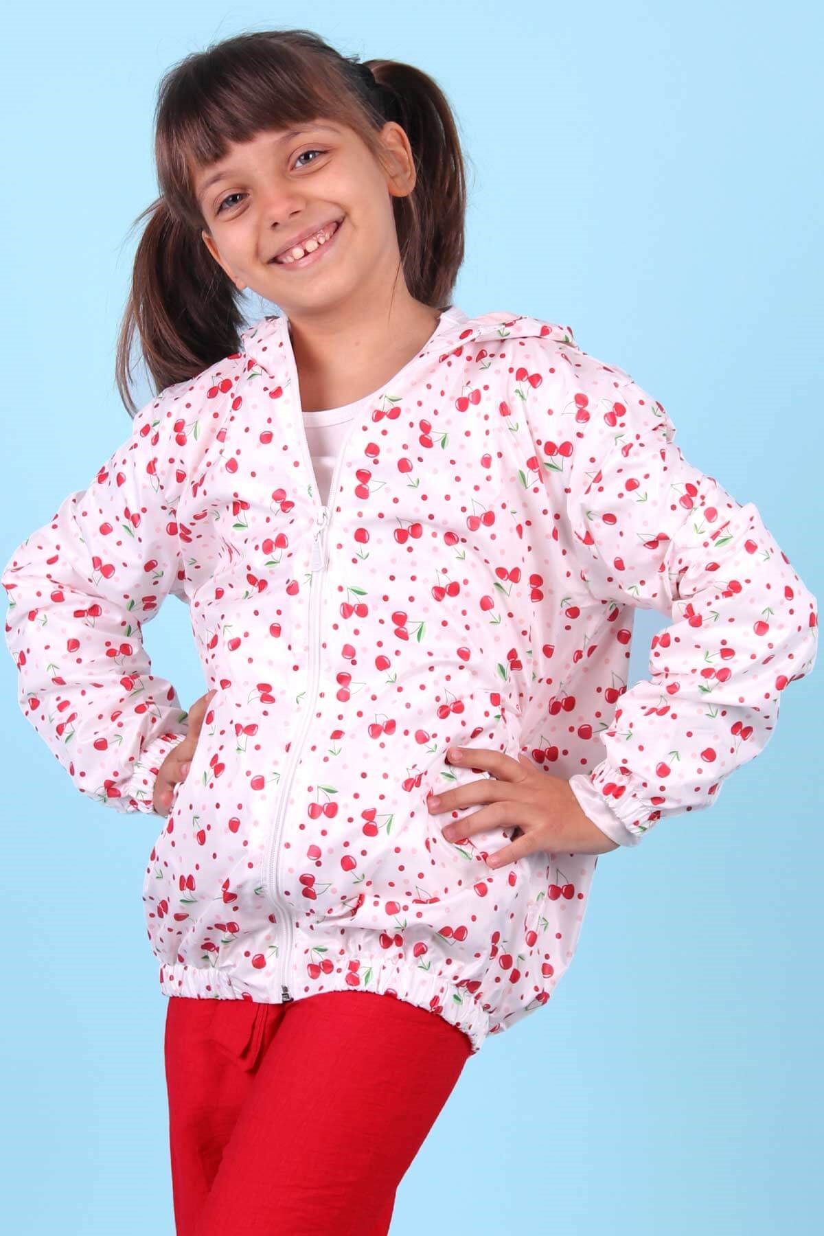 Breeze Kız Çocuk Yağmurluk Kiraz Desenli  Beyaz (1-12 Yaş)