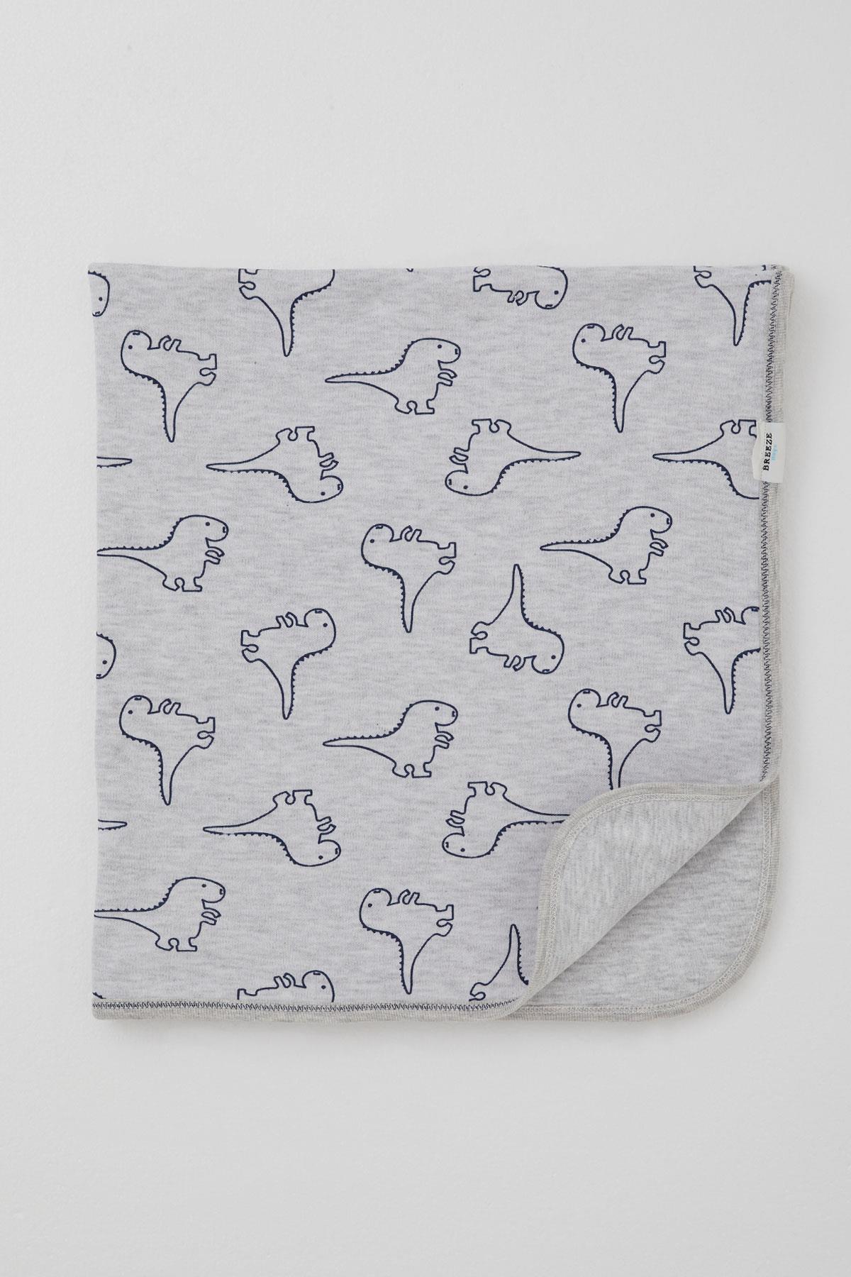 Breeze  Yenidoğan Bebek Battaniyesi Sevimli Bebek Dinozorlar Desenli Açık Gri Melanj (78 x 87 cm)