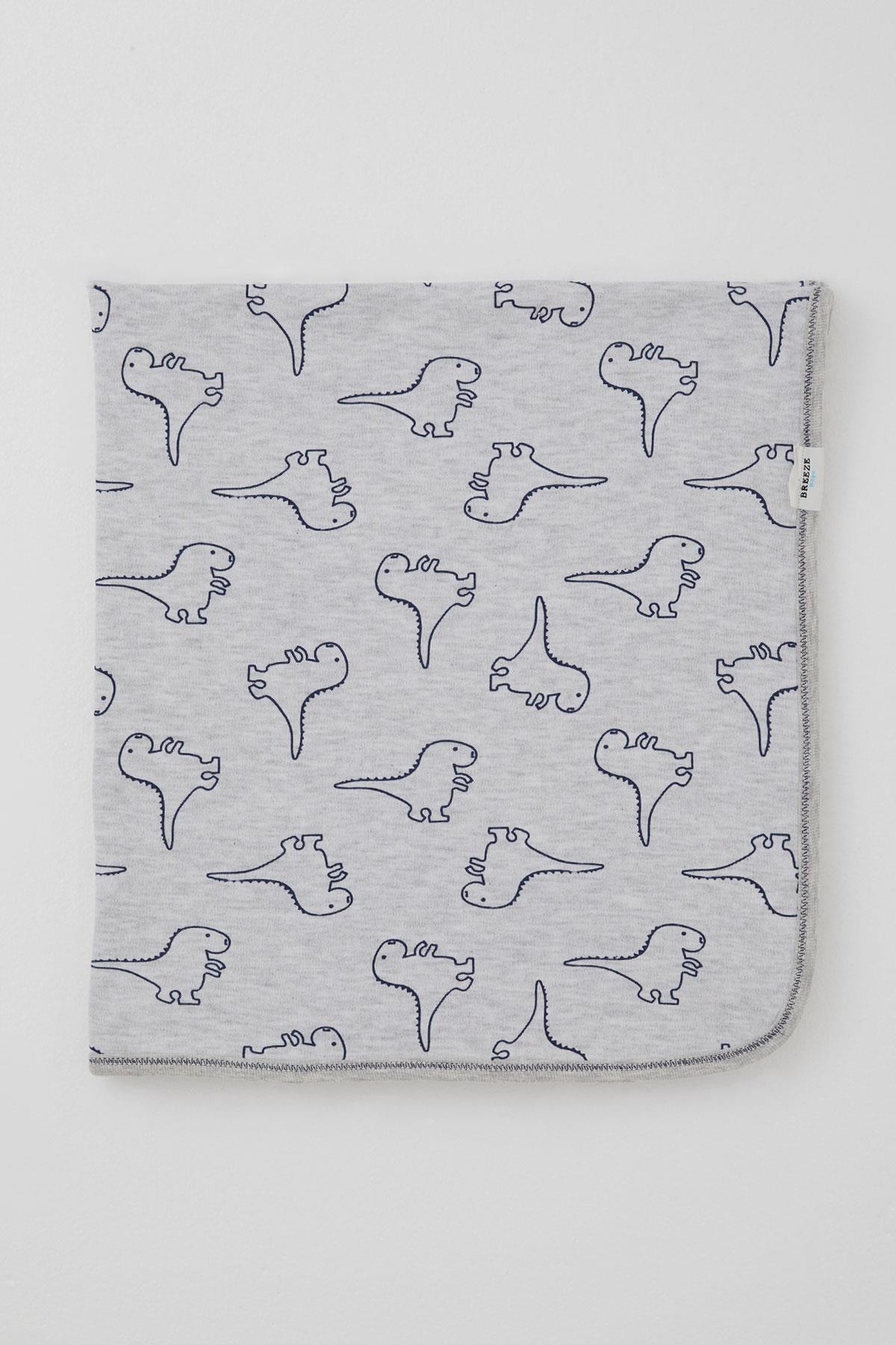Breeze  Yenidoğan Bebek Battaniyesi Sevimli Bebek Dinozorlar Desenli Açık Gri Melanj (78 x 87 cm)
