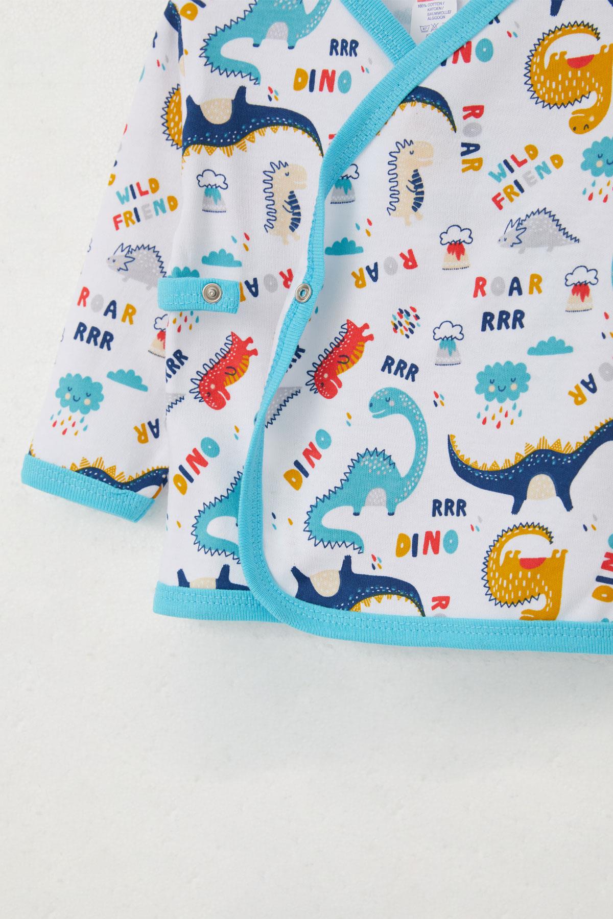 Breeze Yenidoğan Bebek İç Dış Çıtçıtlı 2 li Zıbın Dinozor Desenli Beyaz (0-3 Ay)