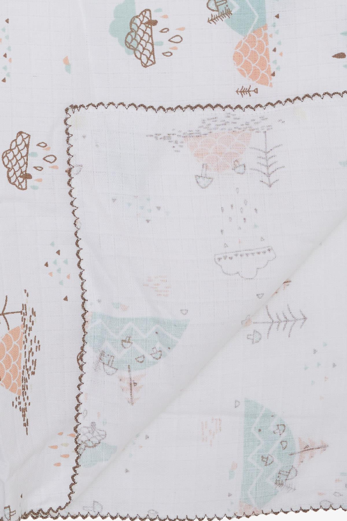 Breeze Yenidoğan Bebek Müslin Battaniye Yağmur Temalı Ağaç Desenli Ekru (Standart)