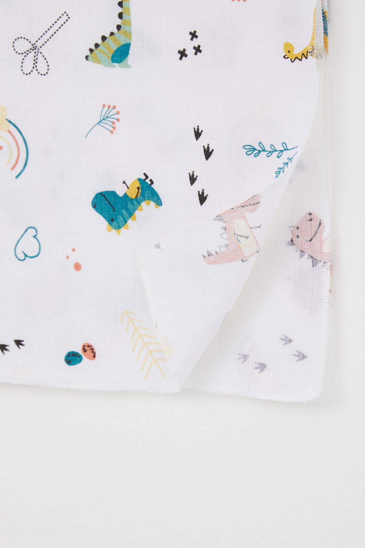 Breeze Yenidoğan Bebek Müslin Battaniye Renkli Dinozor Desenli Beyaz (Standart)