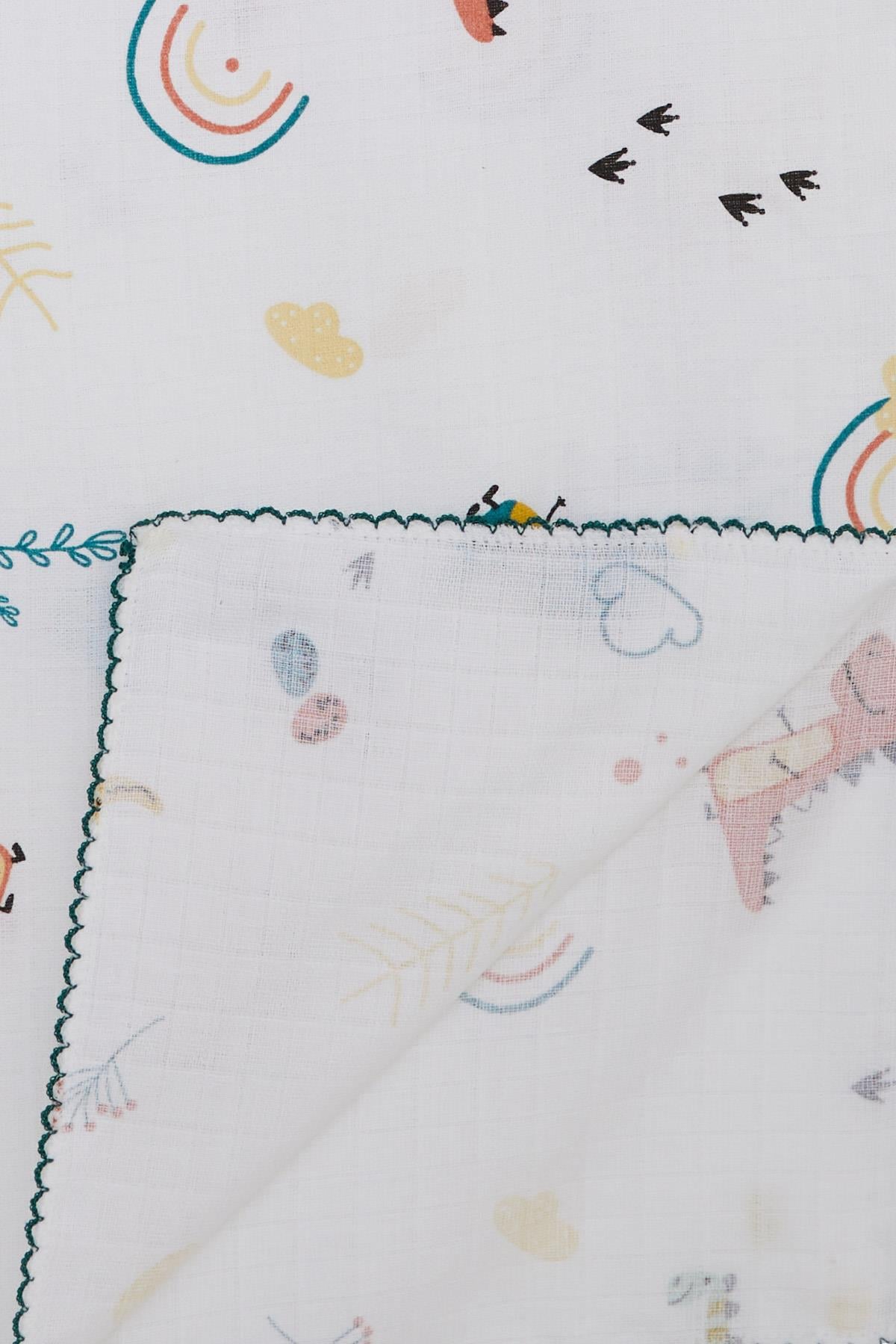 Breeze Yenidoğan Bebek Müslin Battaniye Dinozor Desenli Beyaz (Standart)