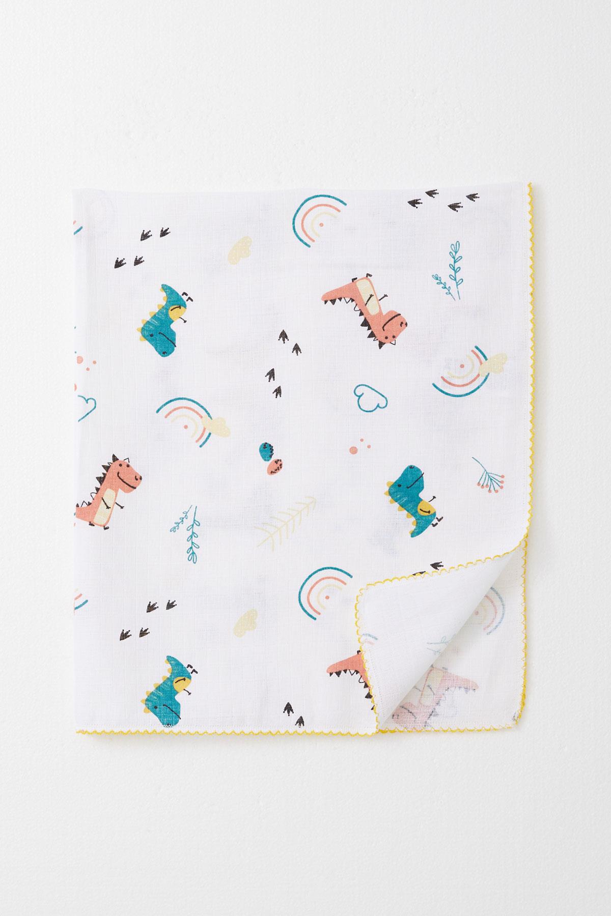 Breeze Yenidoğan Bebek Müslin Battaniye Dinozor Desenli Beyaz (Standart)