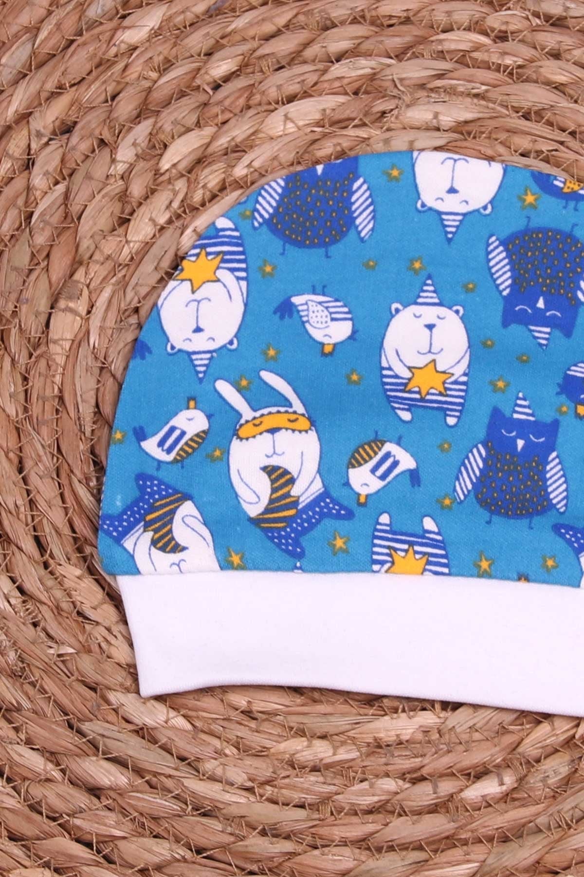 Breeze Yenidoğan Bebek Şapkası Hayvancık Desenli Mavi