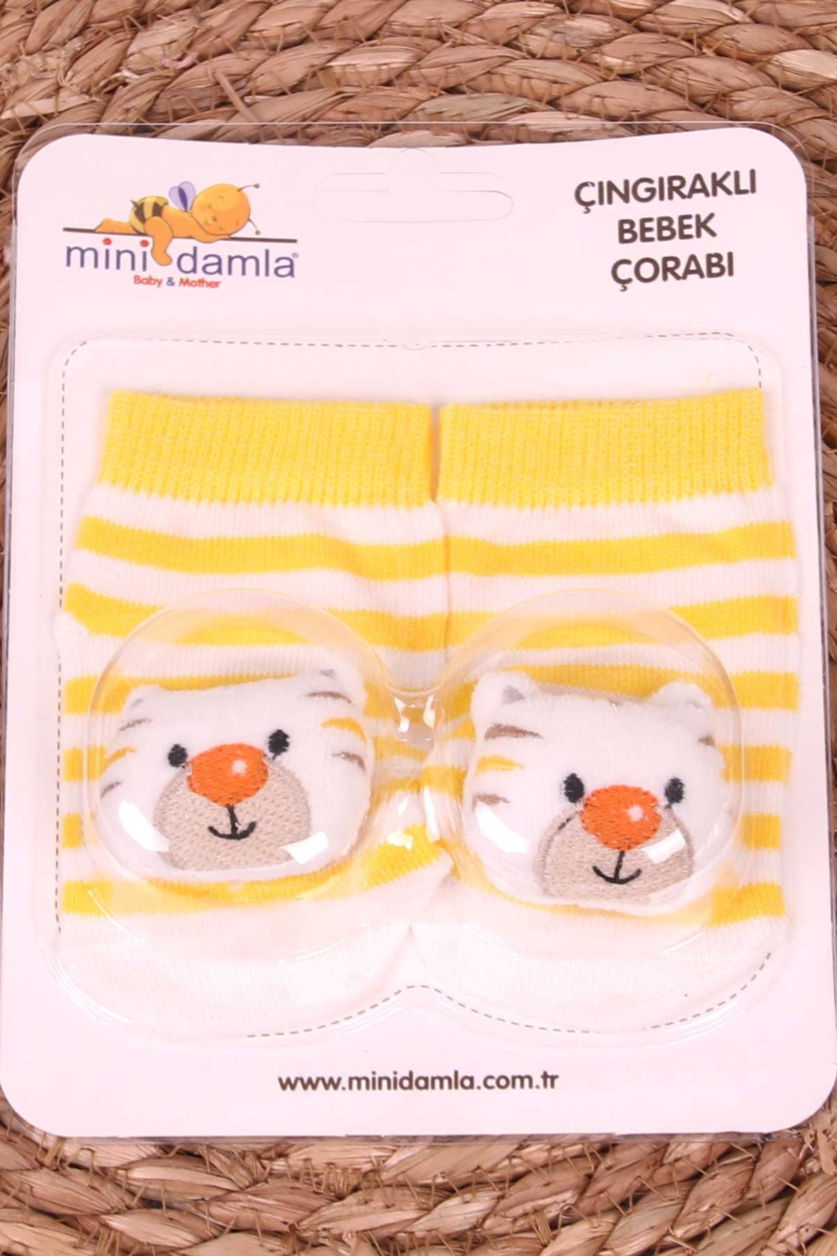Breeze Yenidoğan Çorap Çıngıraklı Çizgili Hayvancık Aksesuarlı Sarı