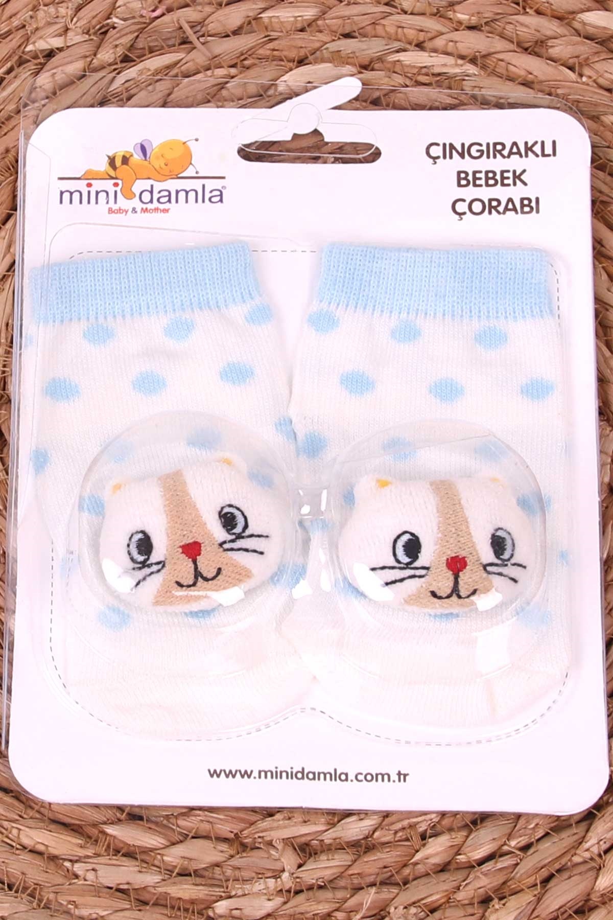 Breeze Yenidoğan Çorap Çıngıraklı Puantiyeli Hayvancık Aksesuarlı Bebe Mavisi