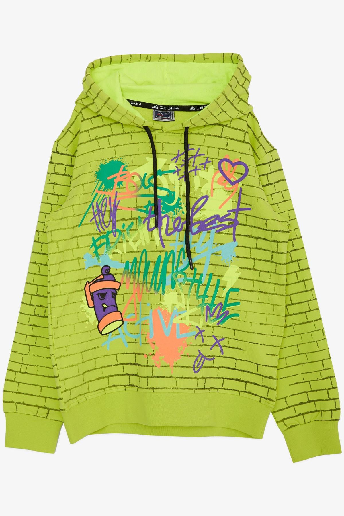 Cegisa Erkek Çocuk Kapüşonlu Sweatshirt Renkli Grafiti Desenl Fıstık Yeşili (10-12 Yaş)
