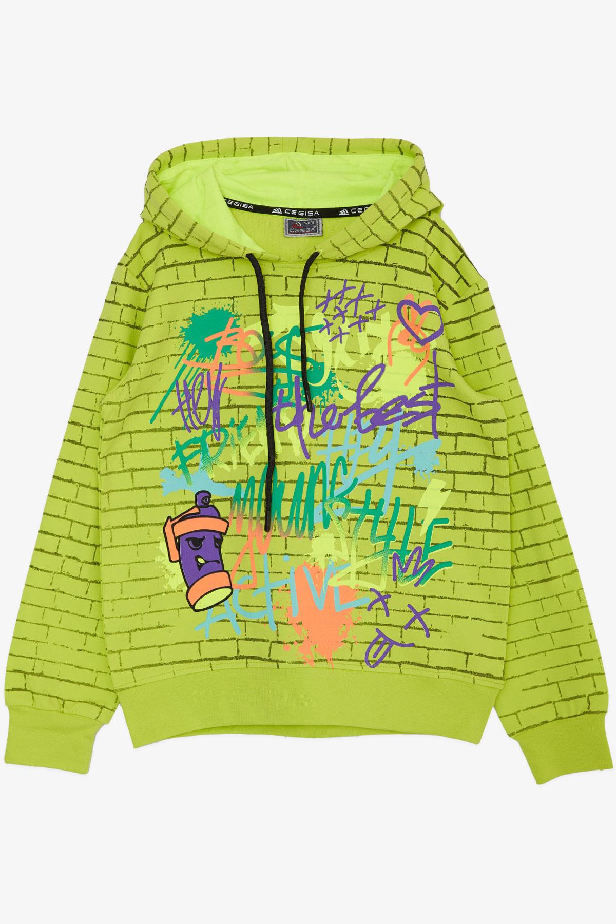Cegisa Erkek Çocuk Kapüşonlu Sweatshirt Renkli Grafiti Desenli Fıstık Yeşili (6-9 Yaş)
