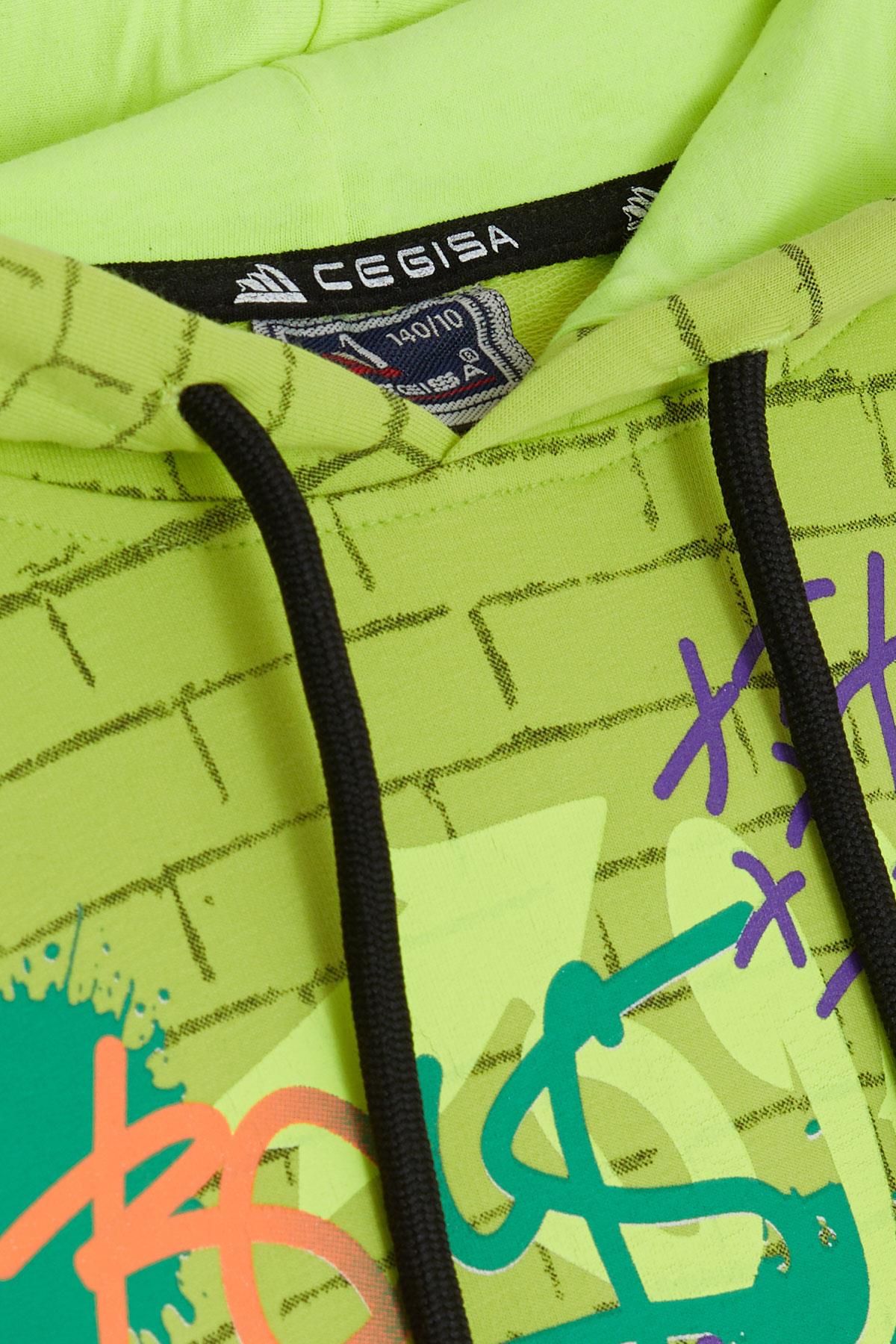 Cegisa Erkek Çocuk Kapüşonlu Sweatshirt Renkli Grafiti Desenl Fıstık Yeşili (10-12 Yaş)