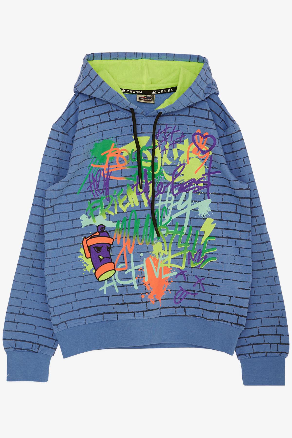 Cegisa Erkek Çocuk Kapüşonlu Sweatshirt Renkli Grafiti Desenli Mavi (10-12 Yaş)