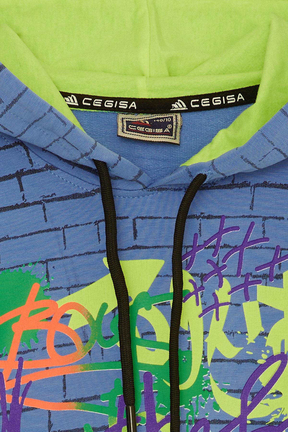 Cegisa Erkek Çocuk Kapüşonlu Sweatshirt Renkli Grafiti Desenli Mavi (10-12 Yaş)