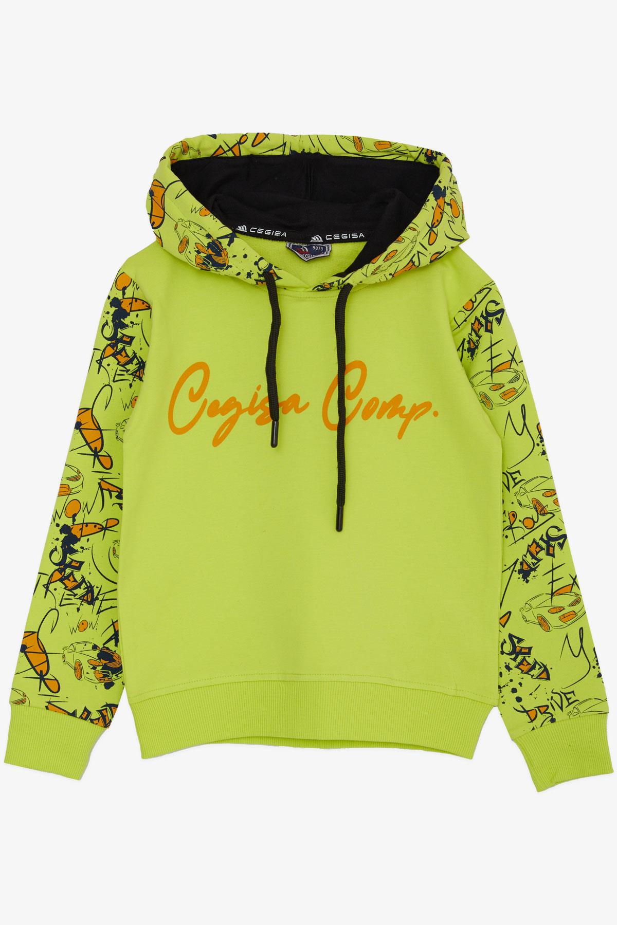 Cegisa Erkek Çocuk Sweatshirt Kolları Kapüşonu Desenli Bağcıklı Yazı Baskılı Fıstık Yeşili (2-5 Yaş)