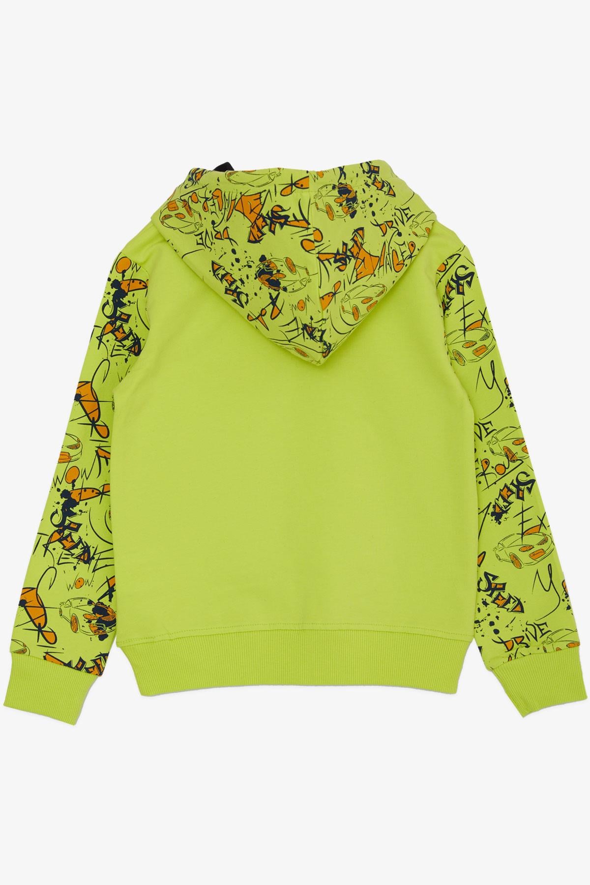 Cegisa Erkek Çocuk Sweatshirt Kolları Kapüşonu Desenli Bağcıklı Yazı Baskılı Fıstık Yeşili (2-5 Yaş)