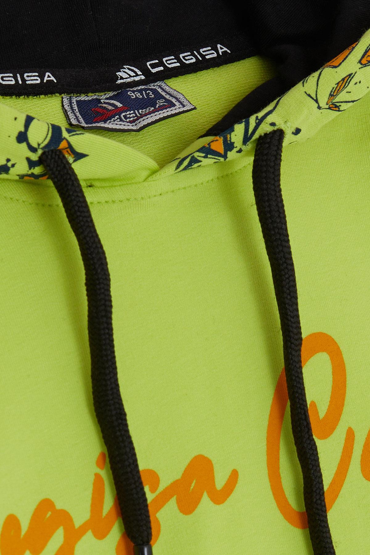 Cegisa Erkek Çocuk Sweatshirt Kolları Kapüşonu Desenli Bağcıklı Yazı Baskılı Fıstık Yeşili (2-5 Yaş)