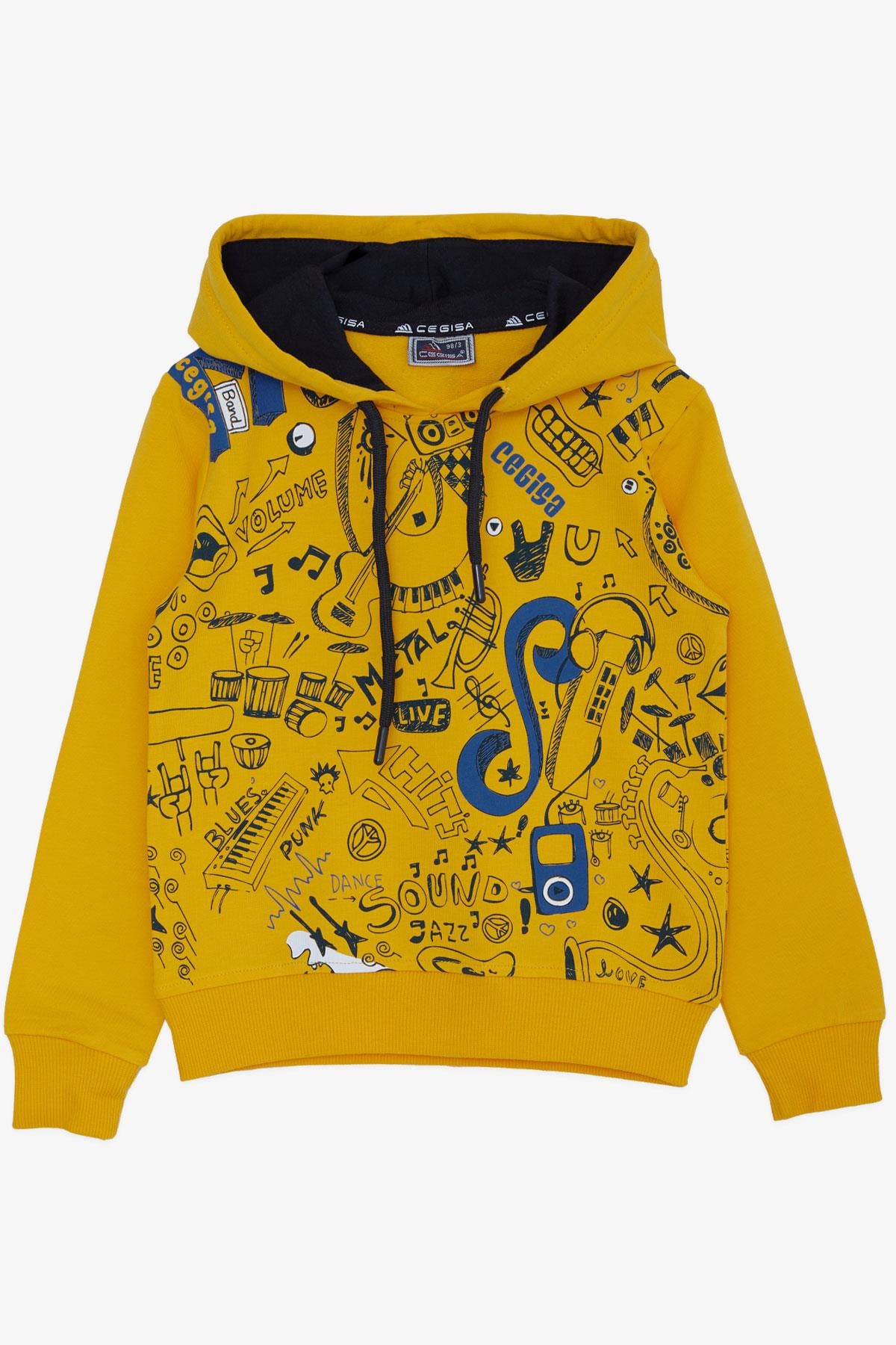Cegisa Erkek Çocuk Sweatshirt Müzik Temalı Kapüşonlu Bağcıklı Hardal Sarı (2-5 Yaş)