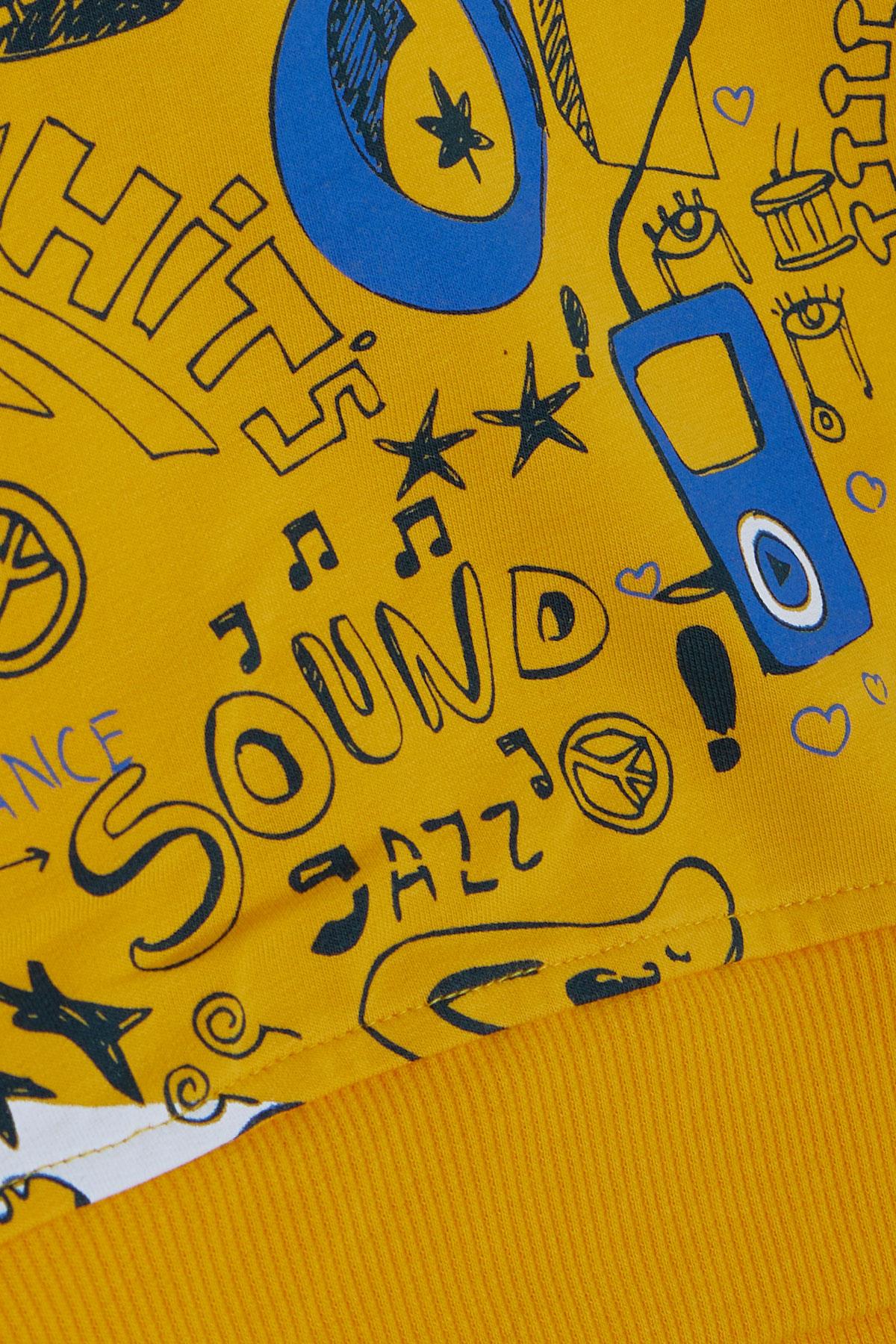 Cegisa Erkek Çocuk Sweatshirt Müzik Temalı Kapüşonlu Bağcıklı Hardal Sarı (2-5 Yaş)