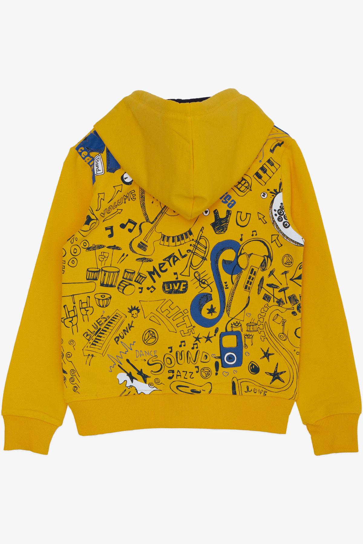 Cegisa Erkek Çocuk Sweatshirt Müzik Temalı Kapüşonlu Bağcıklı Hardal Sarı (2-5 Yaş)