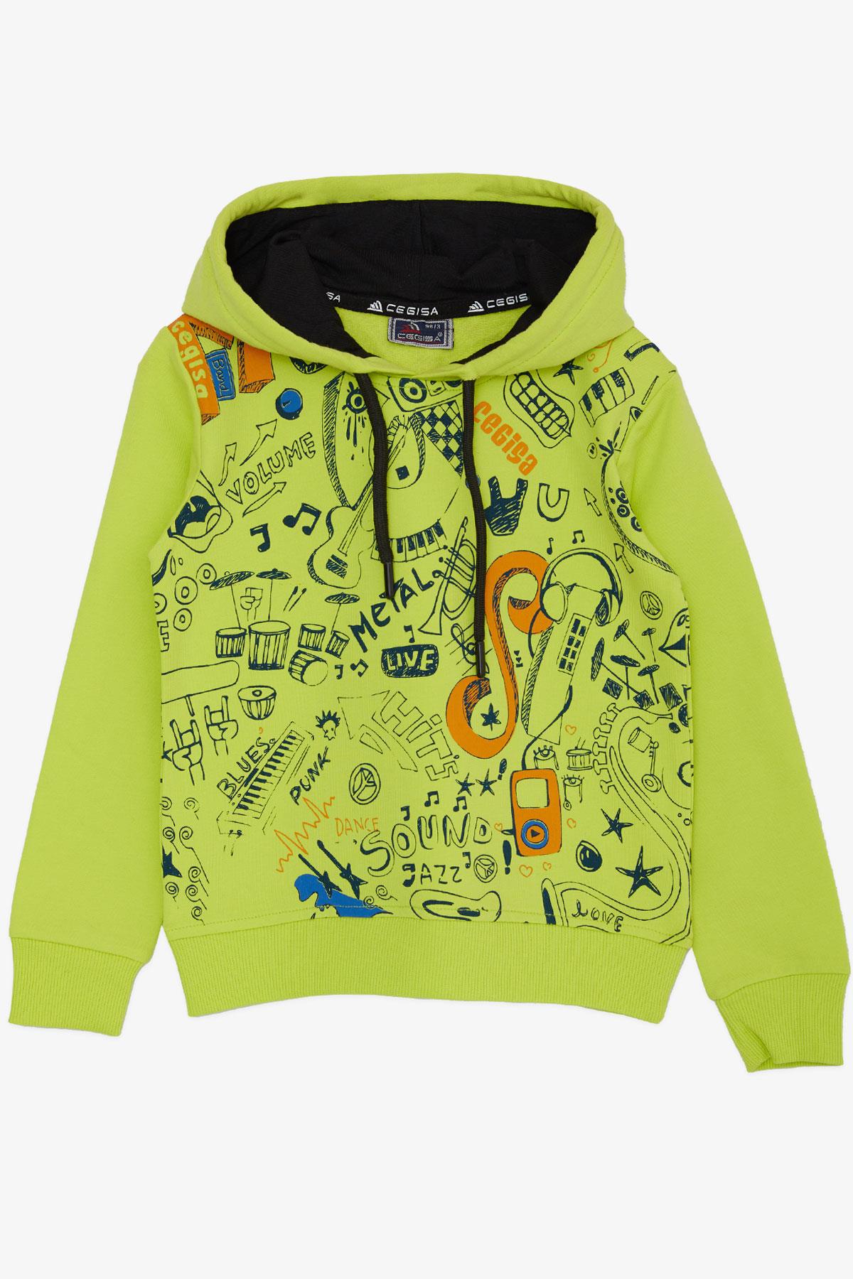 Cegisa Erkek Çocuk Sweatshirt Müzik Temalı Kapüşonlu Bağcıklı Fıstık Yeşili (2-5 Yaş)