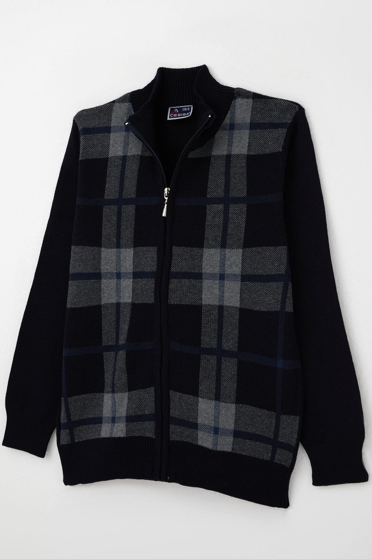 Cegısa Erkek Çocuk Triko Hırka Fermuarlı Ekose Desenli Lacivert (6-9 Yaş)