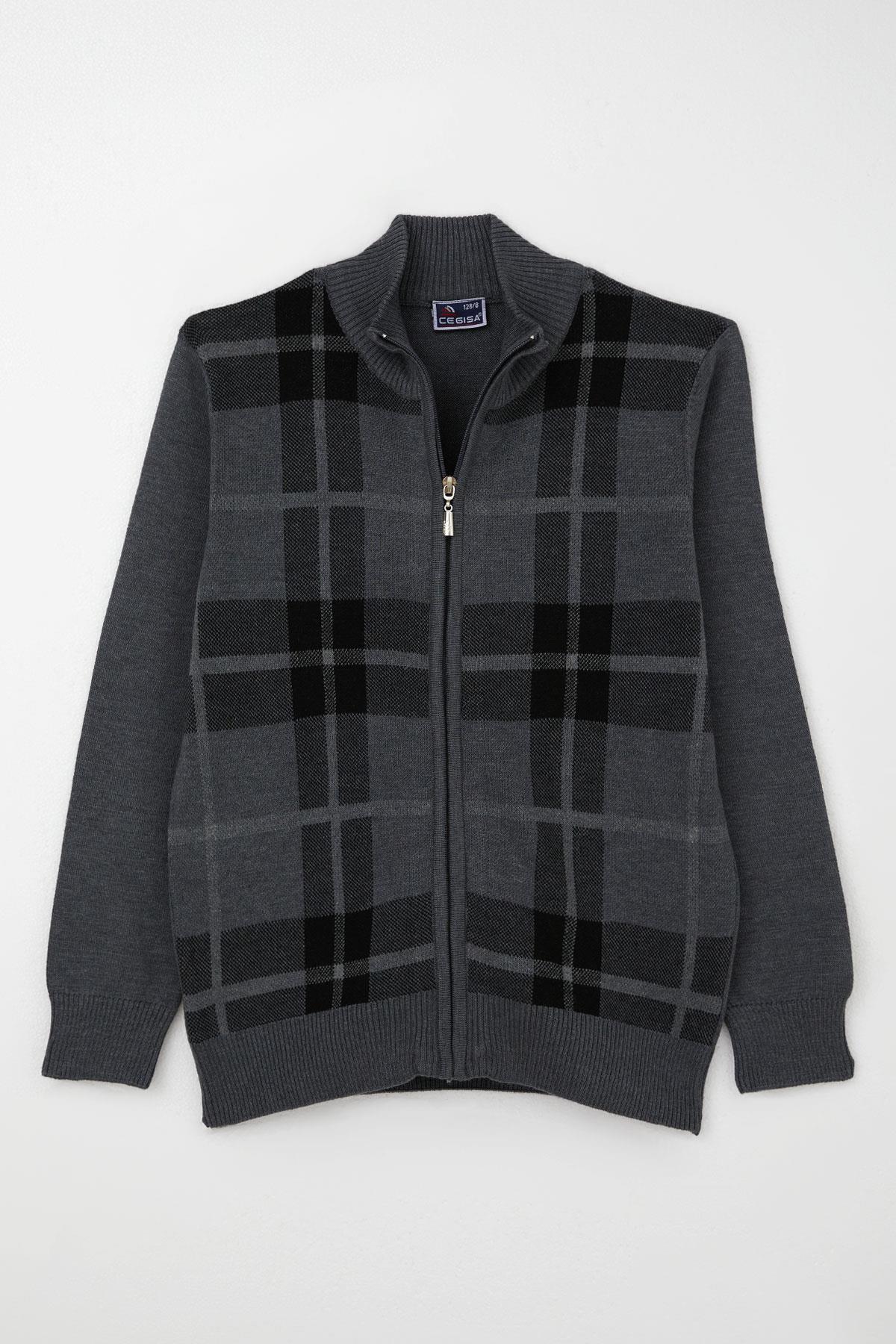 Cegısa Erkek Çocuk Triko Hırka Fermuarlı Ekose Desenli Gri (6-9 Yaş)