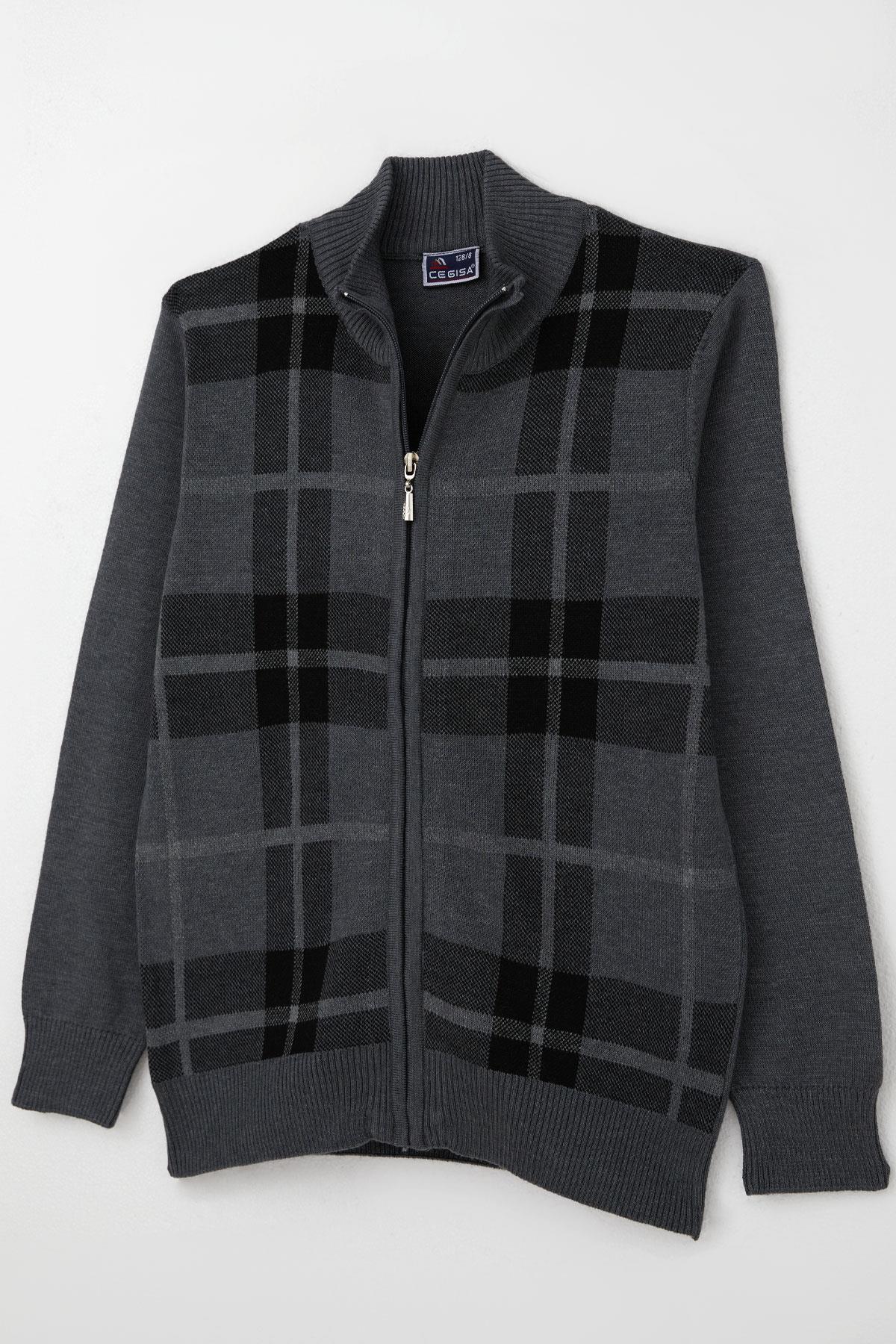 Cegısa Erkek Çocuk Triko Hırka Fermuarlı Ekose Desenli Gri (6-9 Yaş)