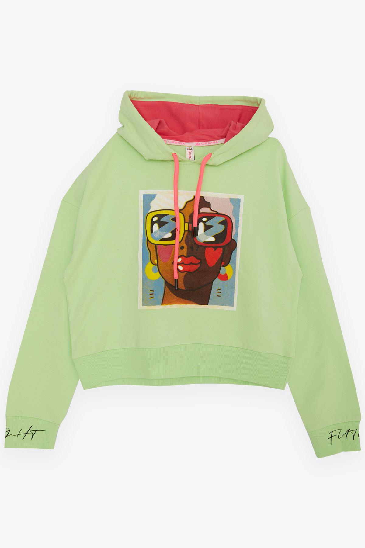 CEGISA Kız Çocuk Sweatshirt Gözlüklü Kız Figürlü Fıstık Yeşili (11-14 Yaş)