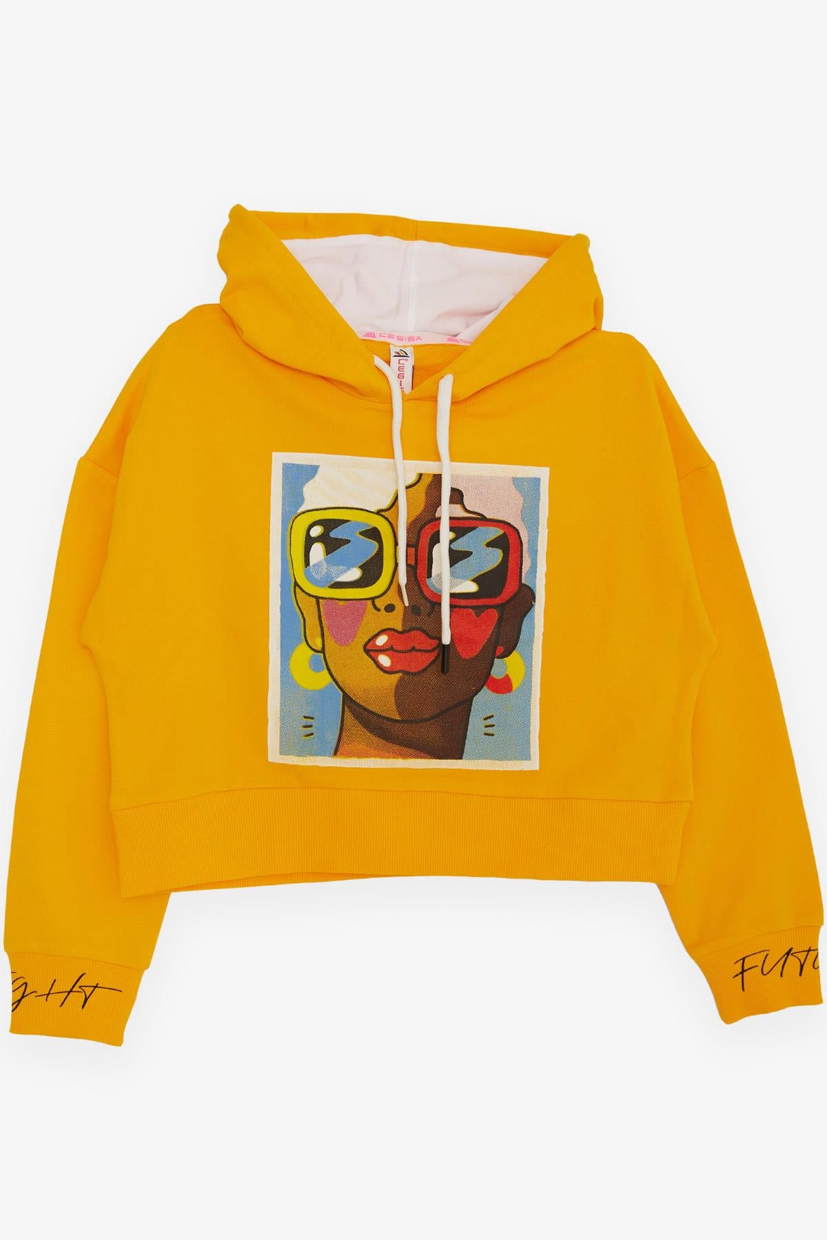 CEGISA Kız Çocuk Sweatshirt Gözlüklü Kız Figürlü Sarı (7-10 Yaş)